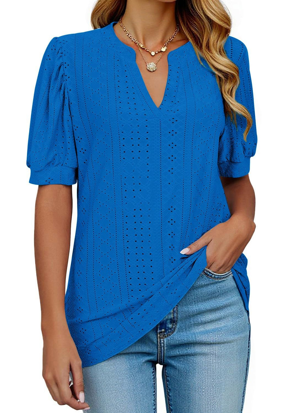 isermeo Womens Shirts Casual V Neck Tshirts Puff Short Sleeve Summer Tops Tunic Blouses S-XXL