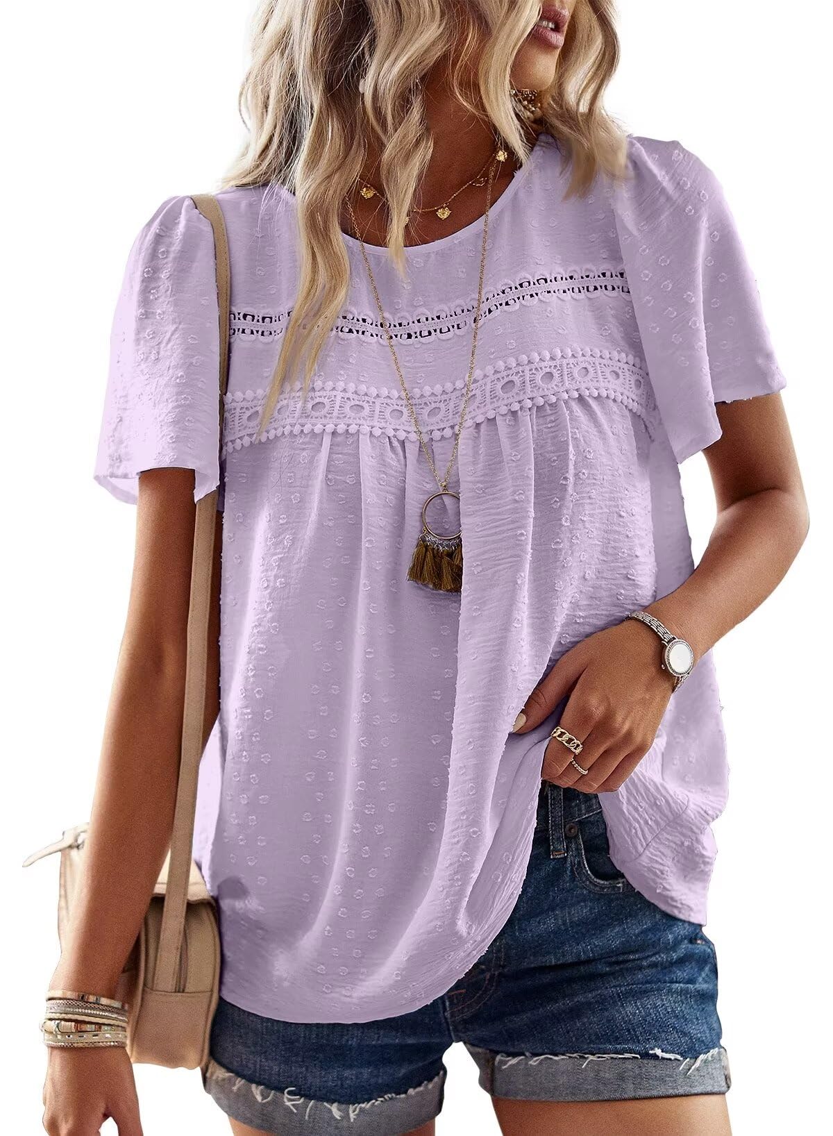 Falechay Womens Summer Tops Crewneck Short Sleeve Shirts Casual Chiffon Blouses Flowy Lace Hem Boho Clothing Trendy 2026