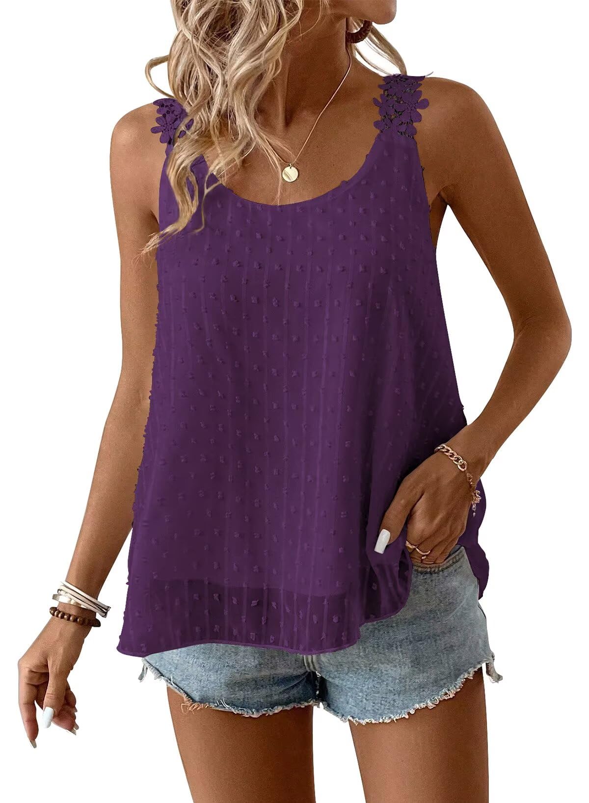 Falechay Womens Tank Tops Flowy Sleeveless Summer Boho Tank Top for Women Crewneck Spaghetti Strap Lace Camisole Shirts