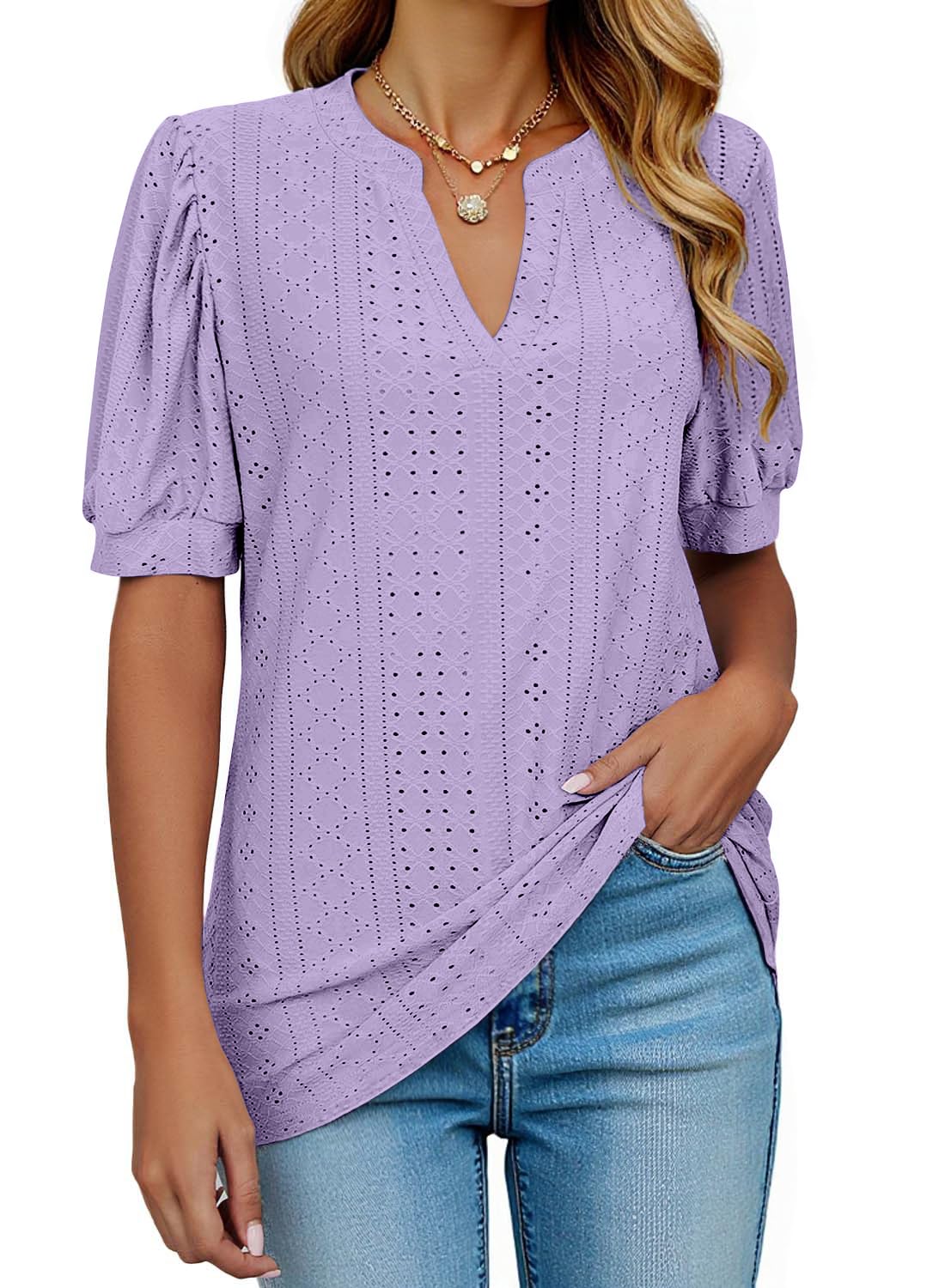 isermeo Womens Shirts Casual V Neck Tshirts Puff Short Sleeve Summer Tops Tunic Blouses S-XXL
