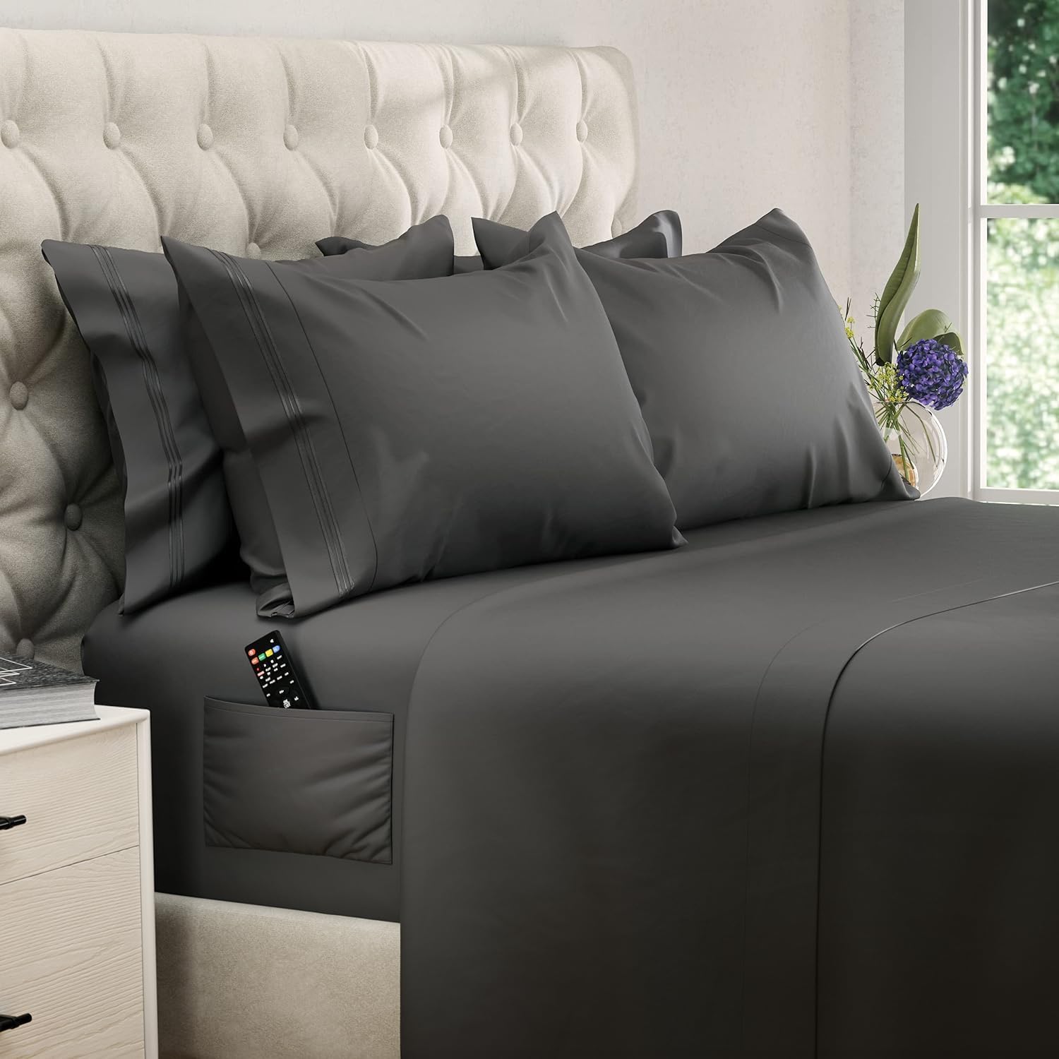 DREAMCARE Bedding Sets Queen - 6 Piece Queen Bed Sheets - Deep Pocket up to 15 in - Draps Lit Queen - Luxury Hotel Sheets & Pillowcases Set - Shrink & Fade Resistant (Queen, Navy Blue