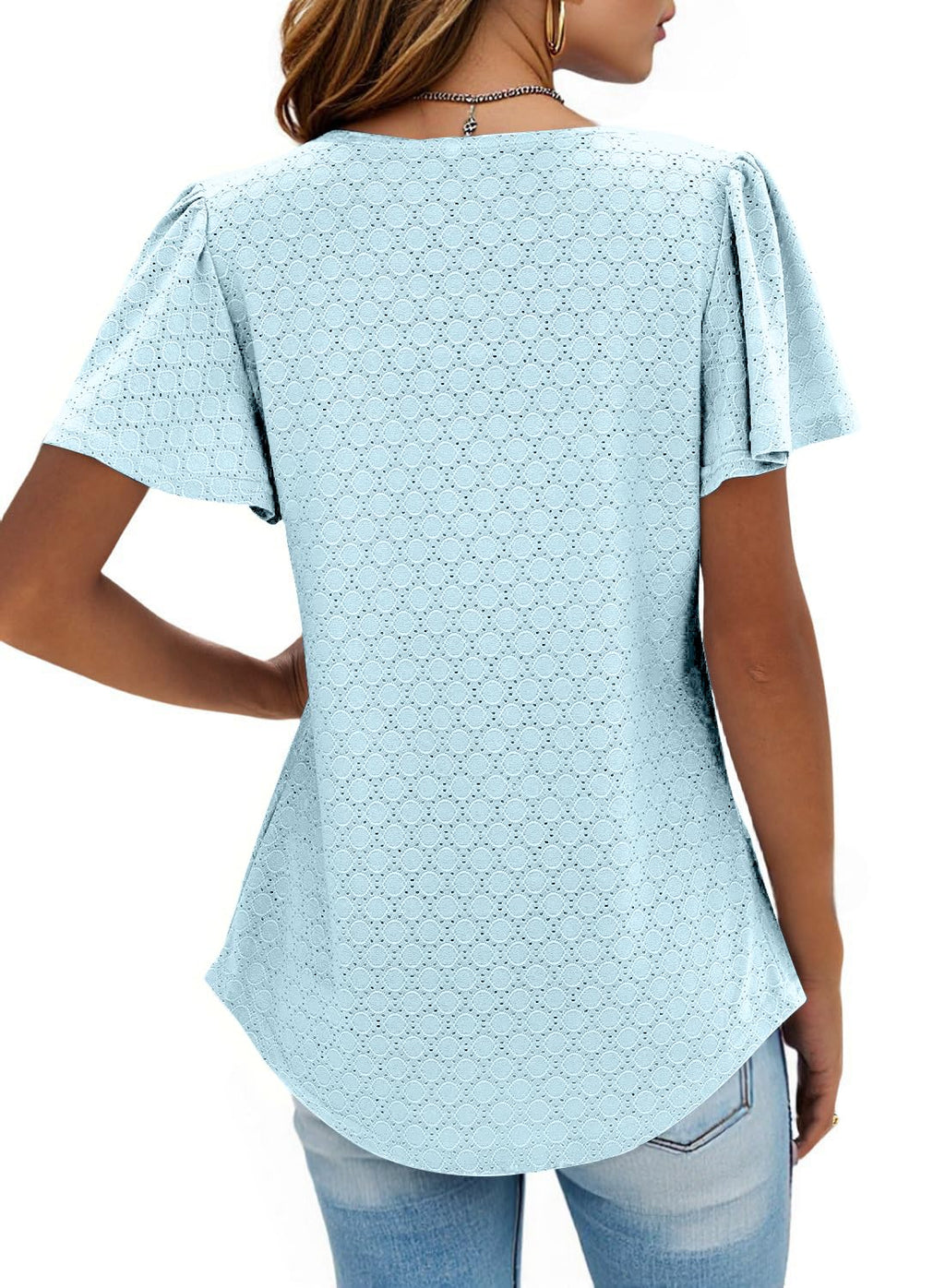 isermeo Summer Tops for Women Pleated Square Neck Ruffle Sleeve Shirts Casual Loose Flowy Curved Hem Tunic S-XXL