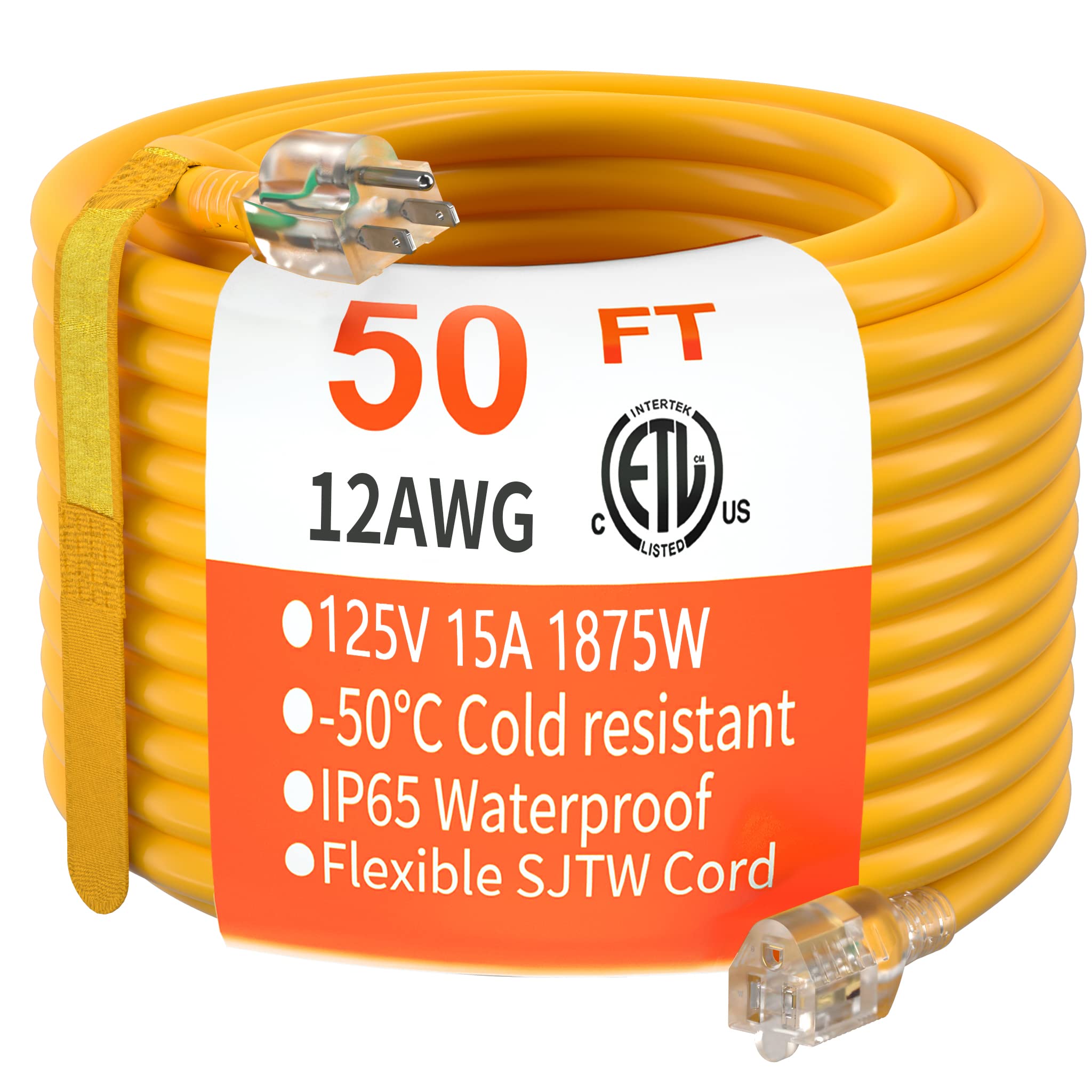 HUANCHAIN Indoor Outdoor Black Extension Cord 15 ft Waterproof, 16/3 Gauge Flexible Cold-Resistant Appliance Extension Cable Outside, 13A 1625W 16AWG SJTW, 3 Prong Electric Cord, ETL