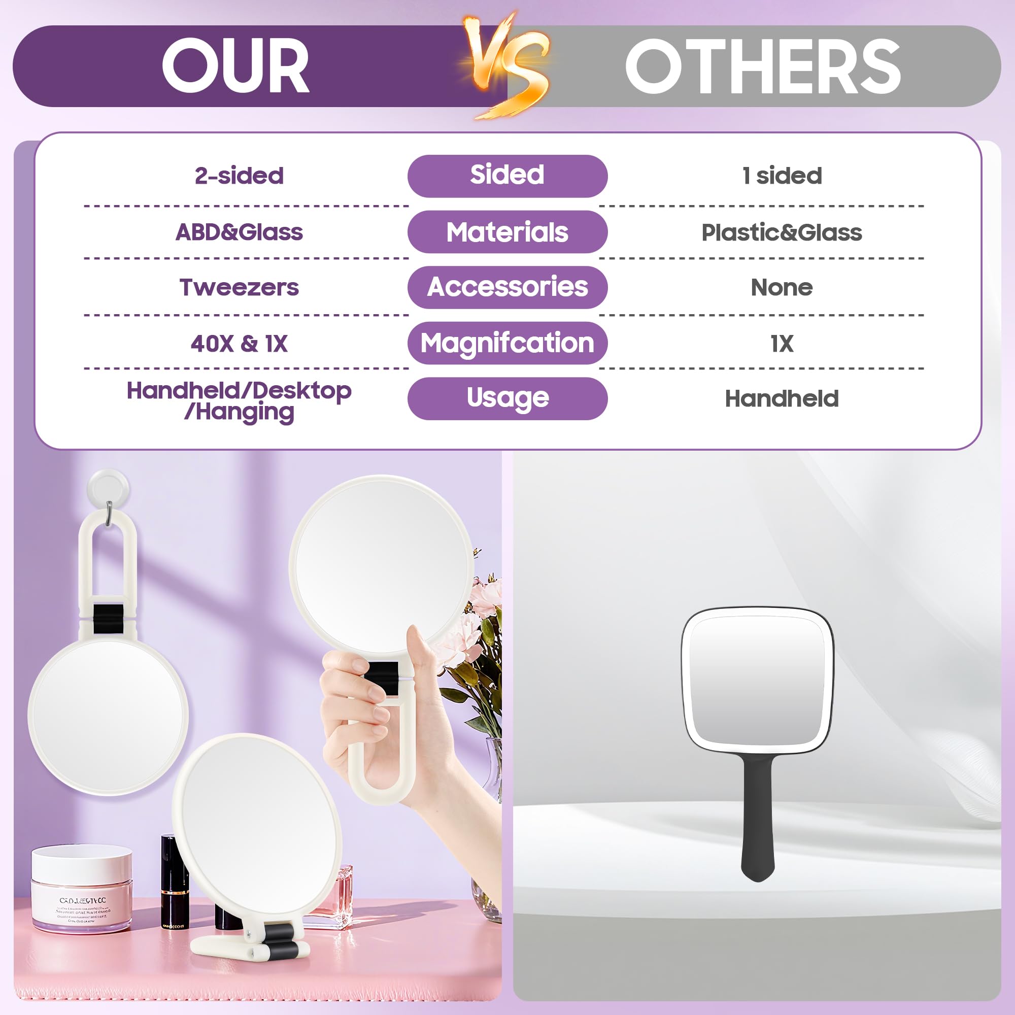 Miroir de maquillage double face 40x, cadre blanc, main et posé