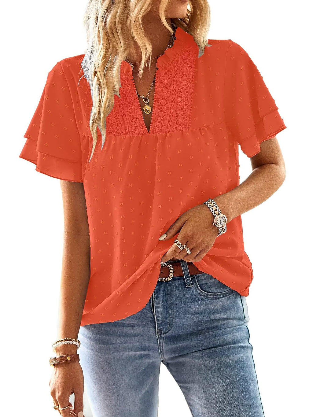 Falechay Womens Tops Butterfly Sleeve V Neck Blouses for Women Dressy Casual Flowy Swiss Dot Ruffle Short Sleeve Shirts