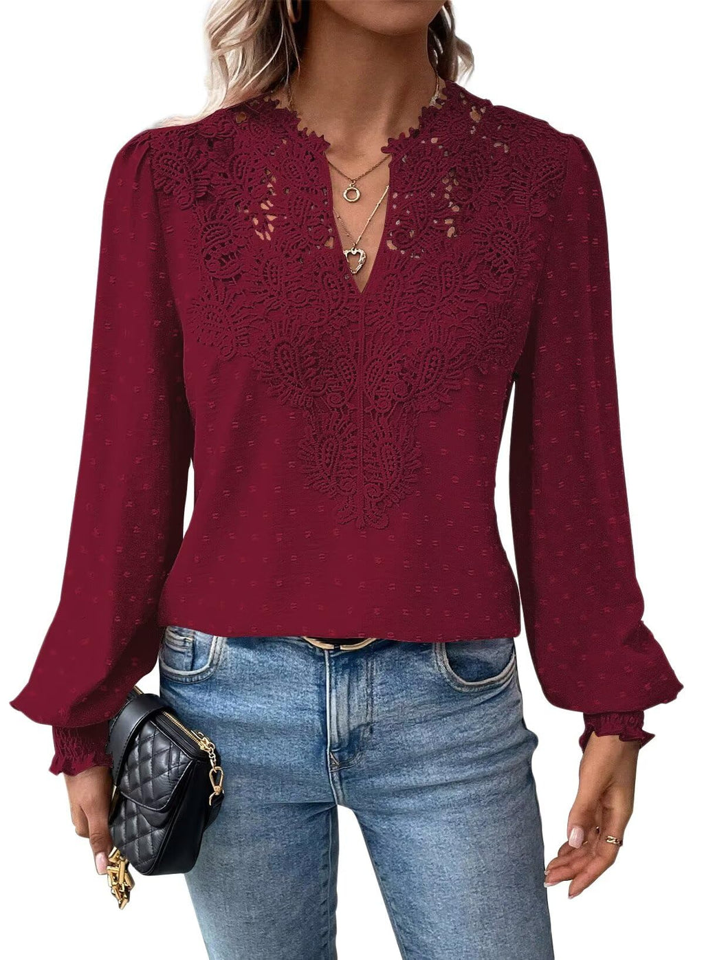 Falechay Womens Tops Swiss Dot Boho Long Sleeve Shirts V Neck Casual Chiffon Blouses Flowy Lace Hem Cute Clothing Trendy 2026