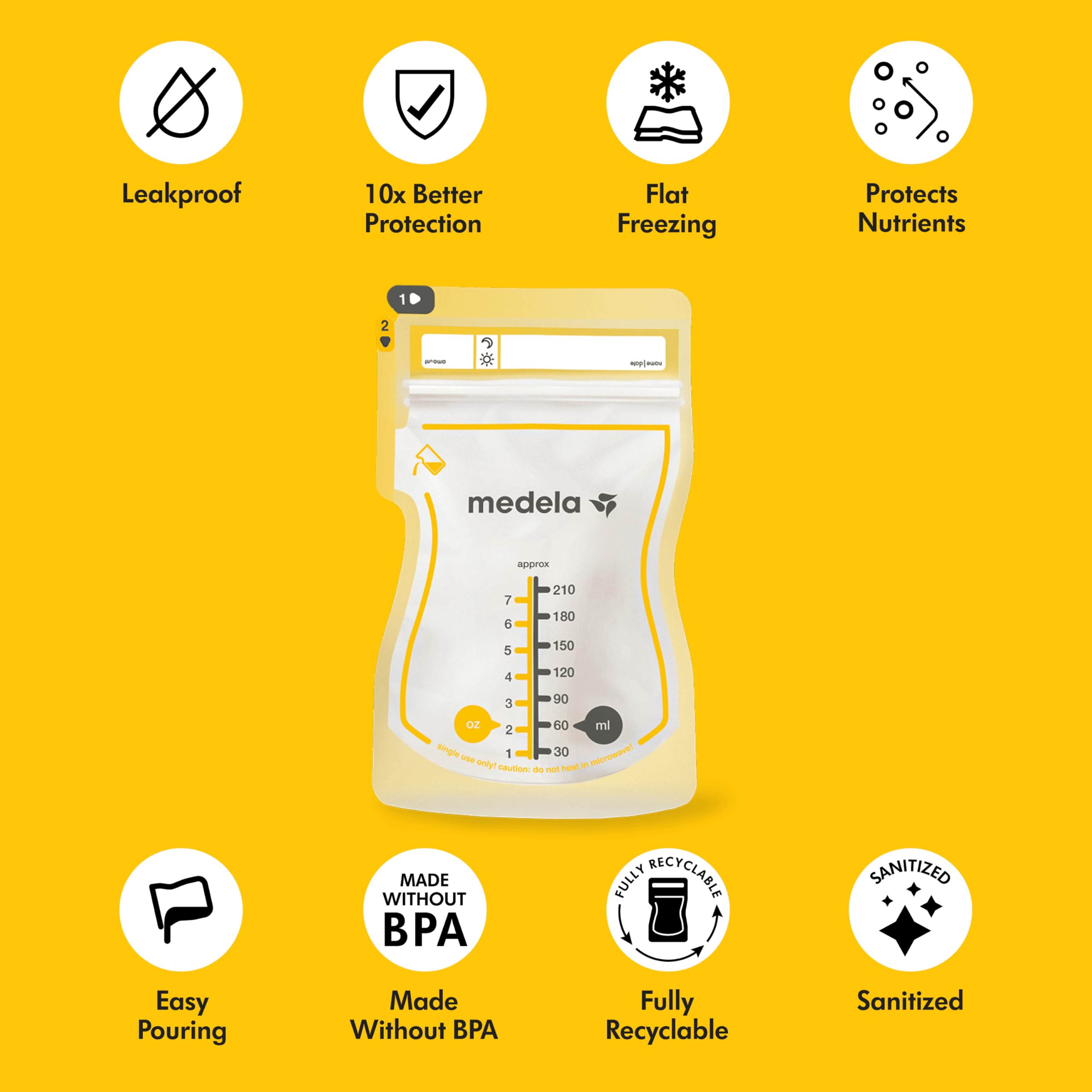 Medela Easy Pour Disposable Breast Milk Storage Bags, 7 oz/210 ml Capacity, Leakproof Design with Milk Protection, Made Without BPA, Pack of 100