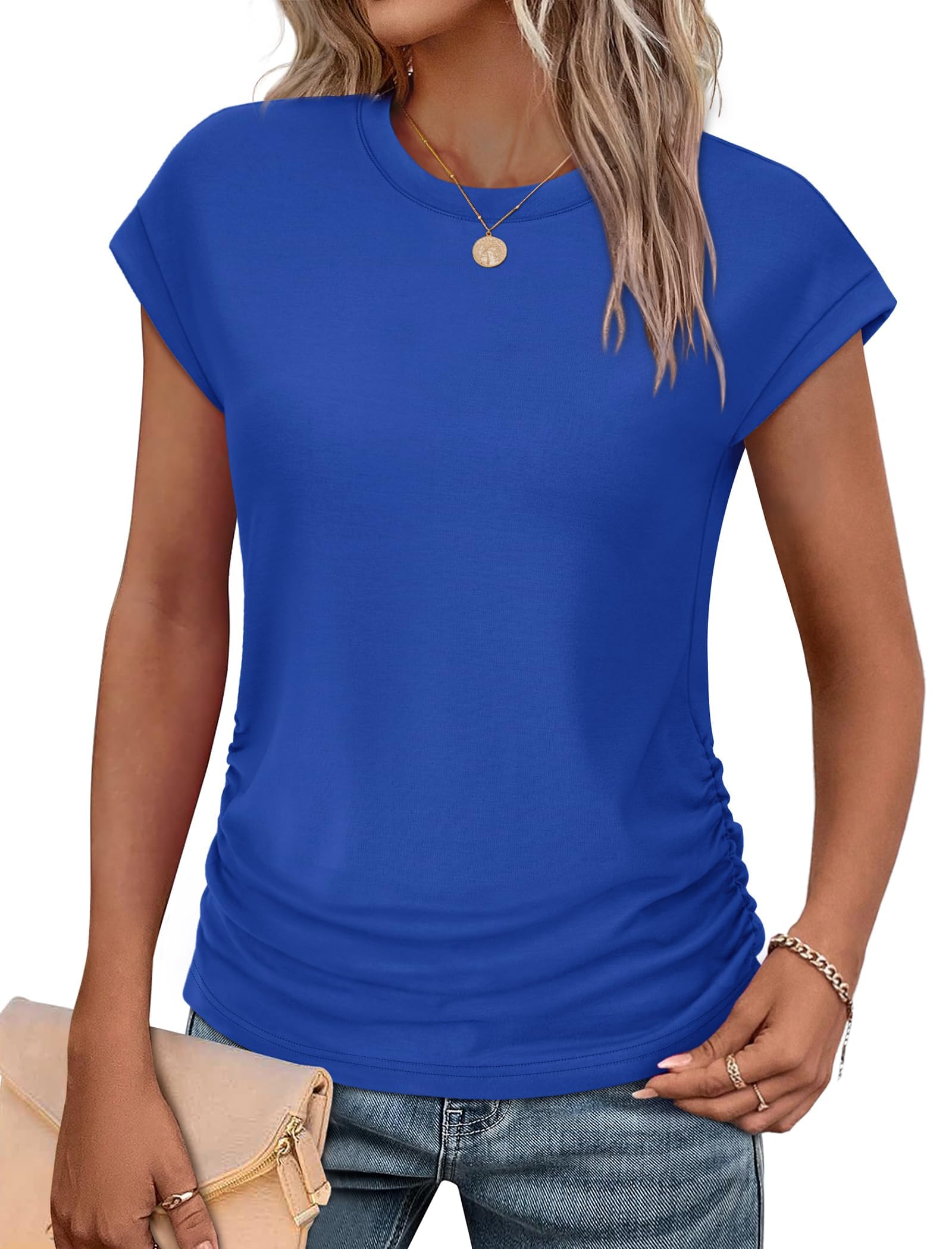 isermeo Womens Summer Tops Trendy 2026 Ruched Side Cap Short Sleeve Tshirts Crew Neck T Shirts Fashion S-XXL