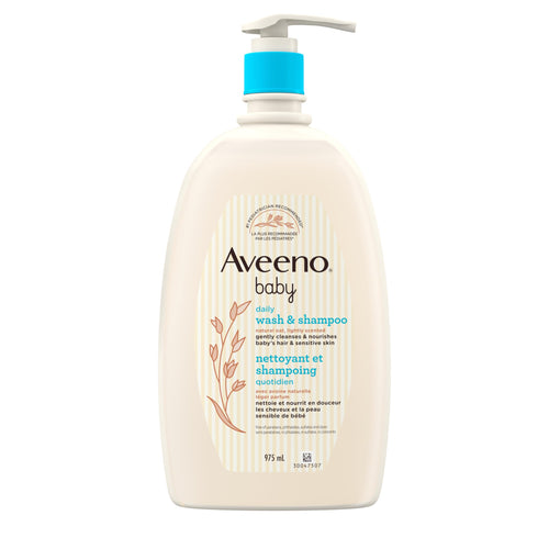 Flacon de bain et shampooing bébé Aveeno à pompe bleue, 975 ml.