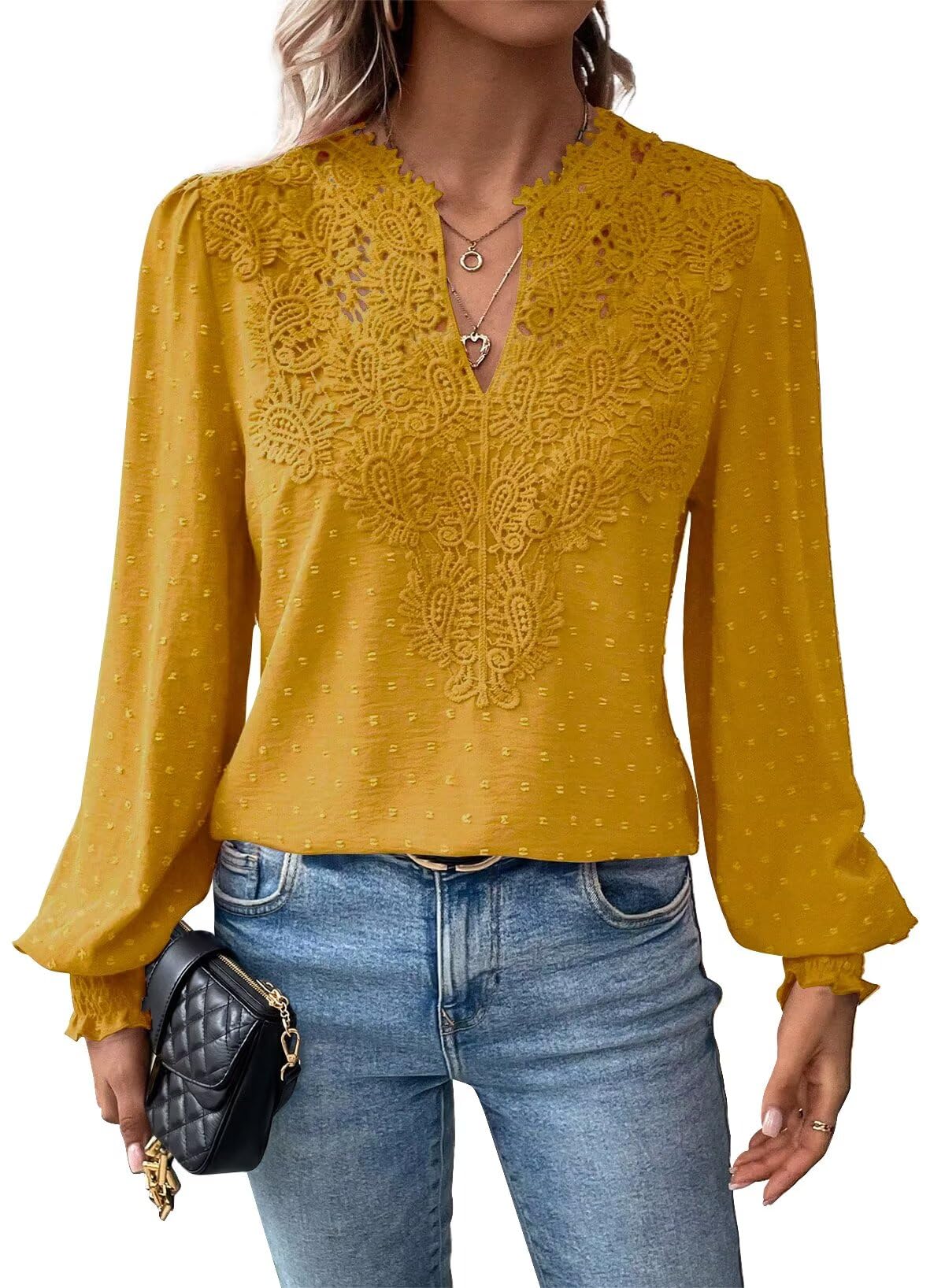 Falechay Womens Tops Swiss Dot Boho Long Sleeve Shirts V Neck Casual Chiffon Blouses Flowy Lace Hem Cute Clothing Trendy 2026