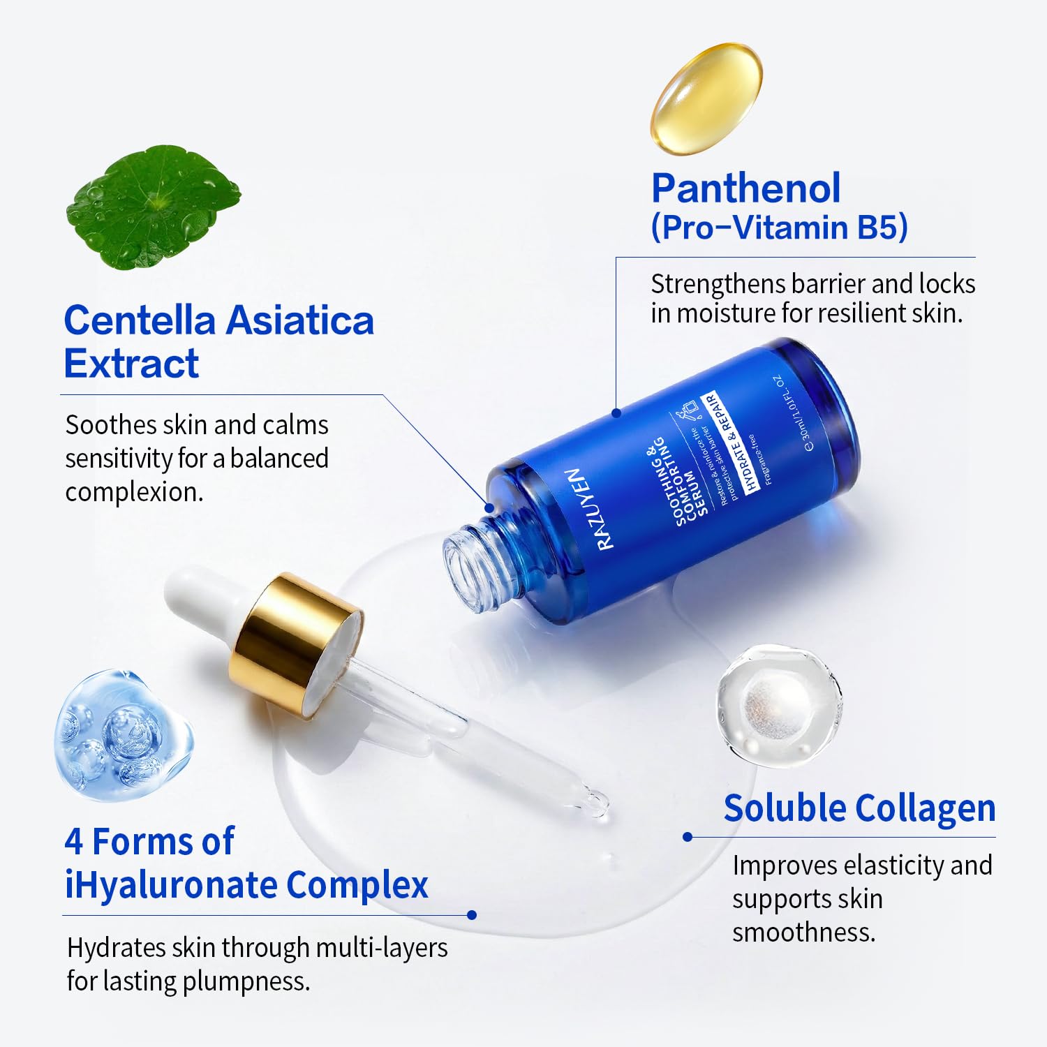 Sérum visage bleu avec flacon compte-gouttes et gouttelette transparente