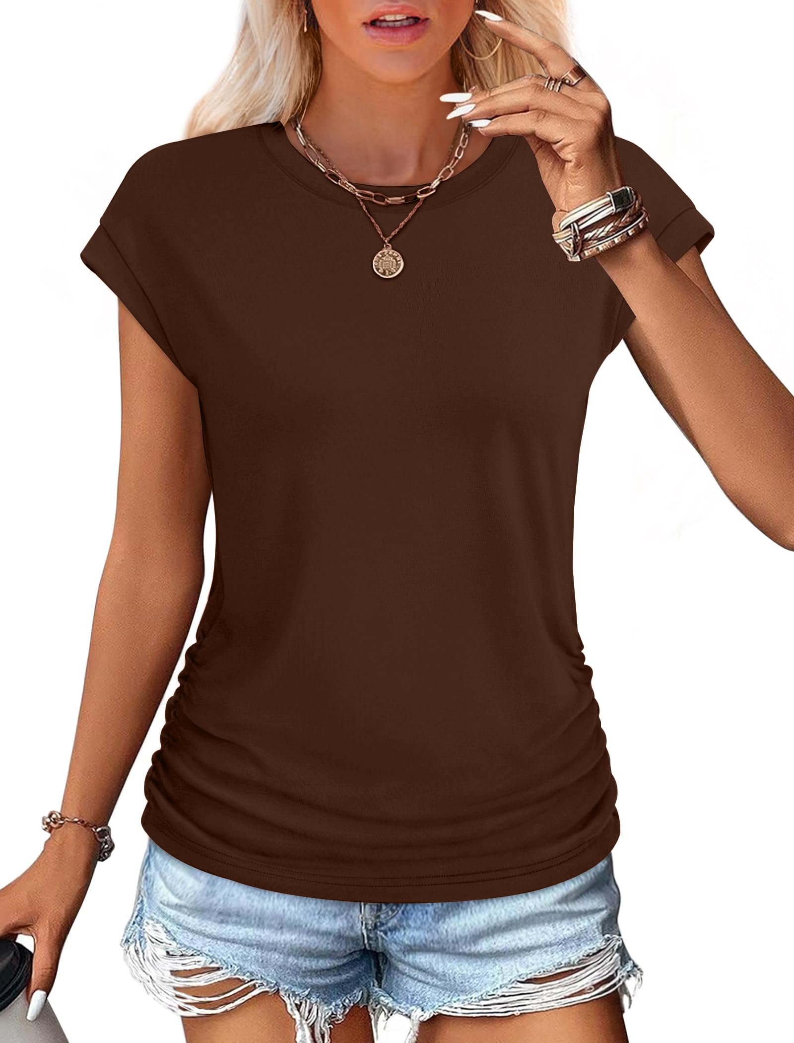 isermeo Womens Summer Tops Trendy 2026 Ruched Side Cap Short Sleeve Tshirts Crew Neck T Shirts Fashion S-XXL