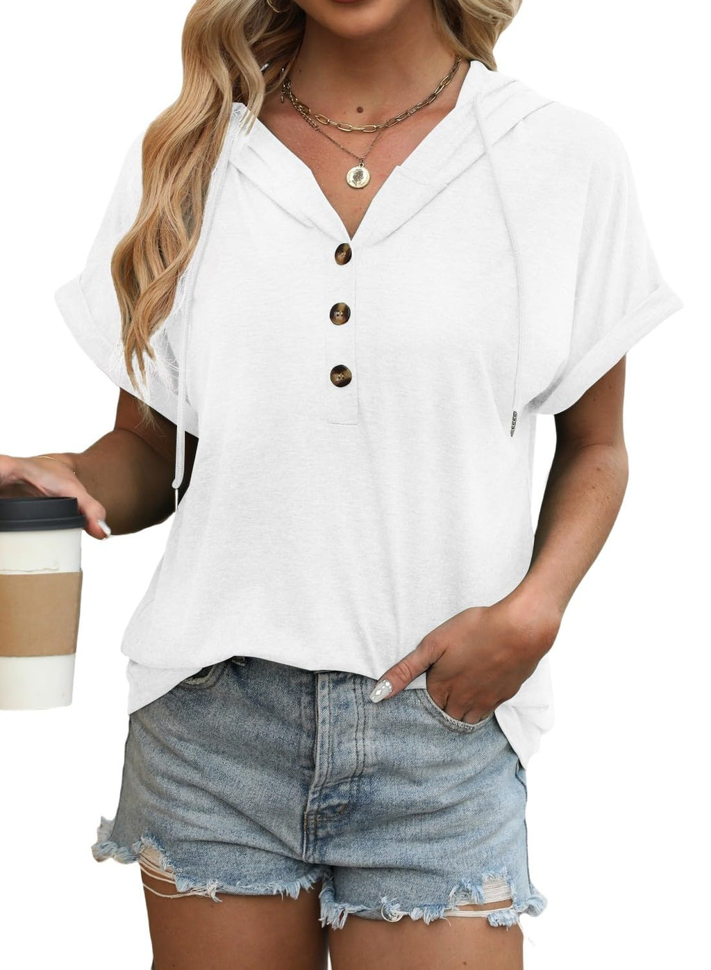 isermeo Womens Oversized Short Rolled Sleeve Summer Hoodie T Shirt 2024 Trendy Henley Button Tshirts S-XXL