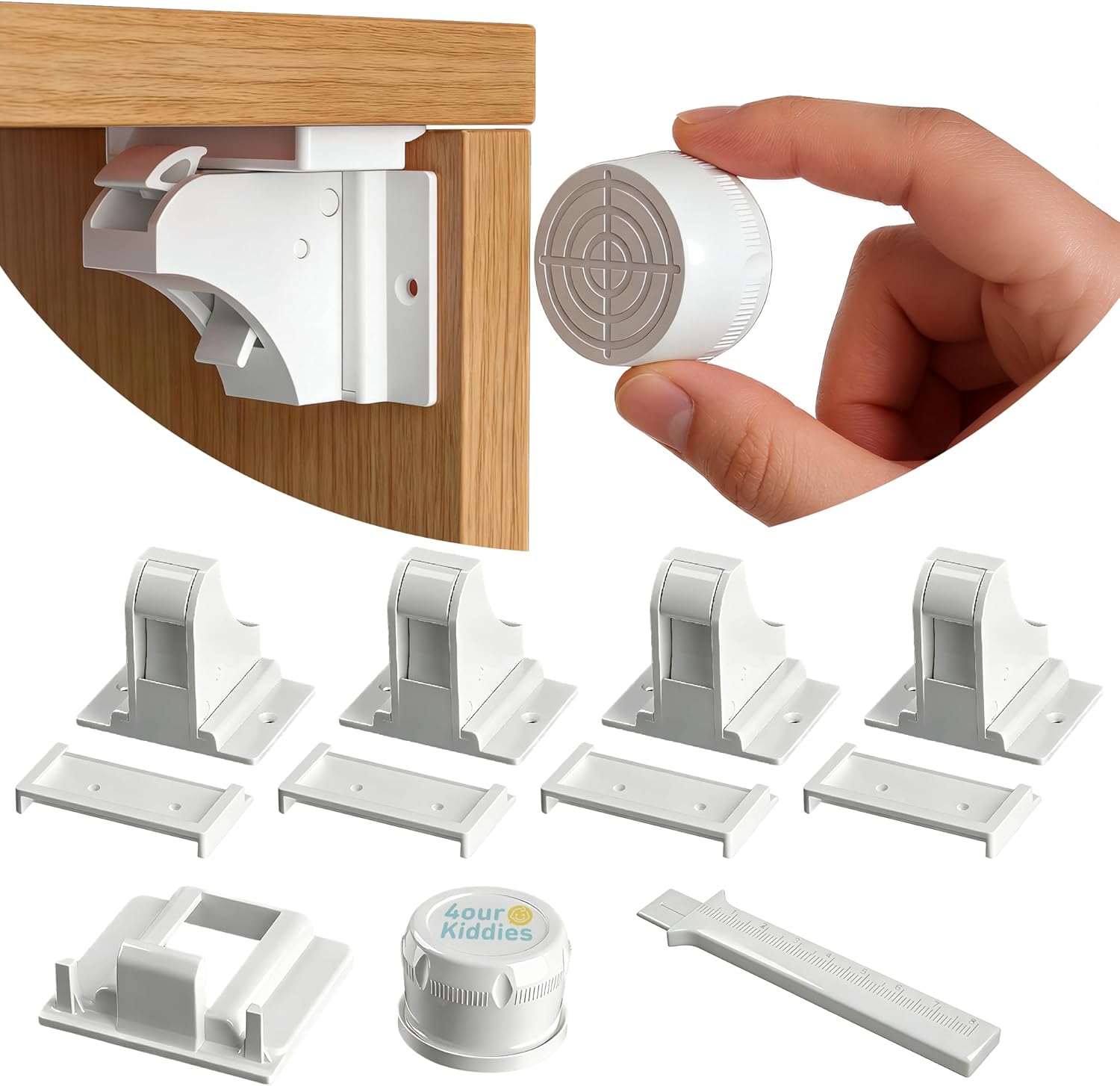 Magnetic Cabinet Locks 4 Locks + 1 Key, Baby Proofing Child Safety Locks for Cabinets and Drawers, Invisible No Drill Adhesive Design with Easy Installation Template & Screws, Starter Kit