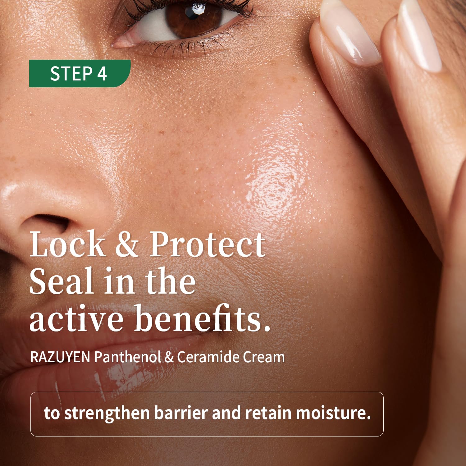 Crème visage étalée sur la peau, main près de l’œil