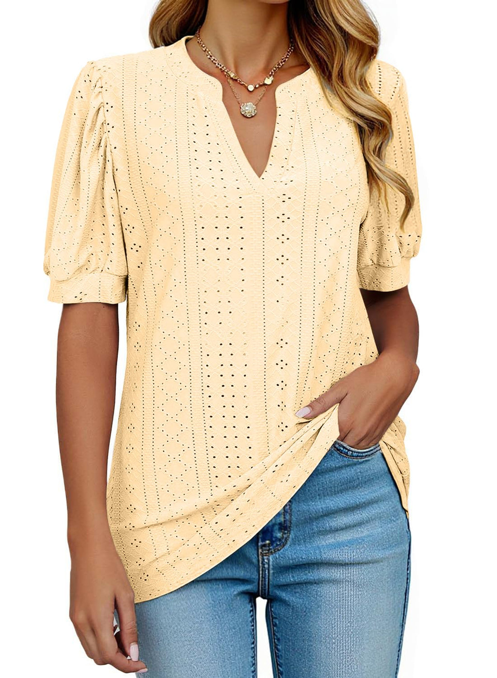 isermeo Womens Shirts Casual V Neck Tshirts Puff Short Sleeve Summer Tops Tunic Blouses S-XXL