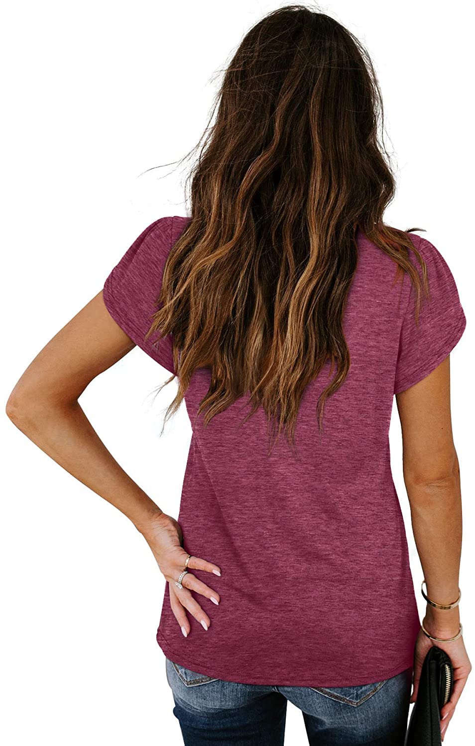 isermeo Womens Summer Tops Sexy V Neck Petal Sleeve Casual Solid Color Tee Tshirts S-XXL