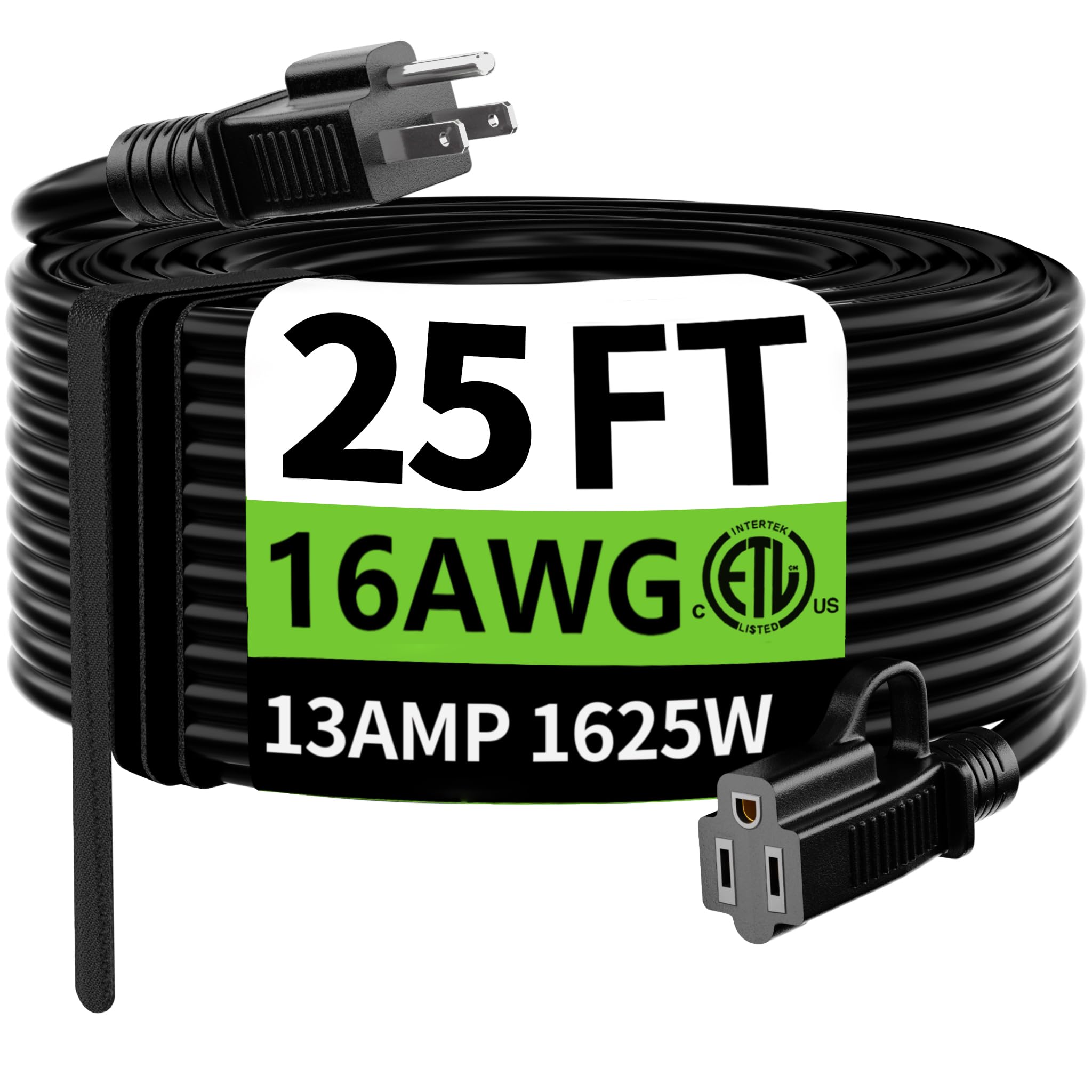 HUANCHAIN Indoor Outdoor Black Extension Cord 15 ft Waterproof, 16/3 Gauge Flexible Cold-Resistant Appliance Extension Cable Outside, 13A 1625W 16AWG SJTW, 3 Prong Electric Cord, ETL