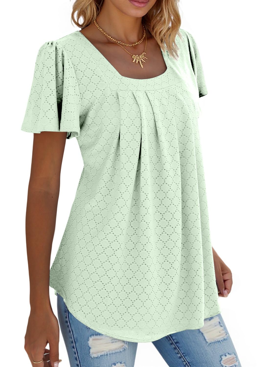 isermeo Summer Tops for Women Pleated Square Neck Ruffle Sleeve Shirts Casual Loose Flowy Curved Hem Tunic S-XXL
