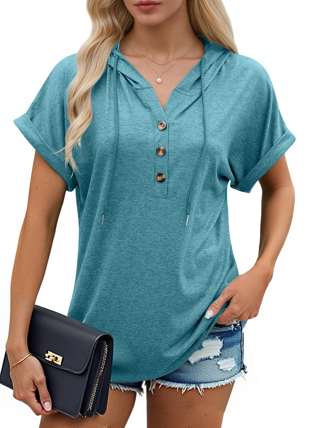 isermeo Womens Oversized Short Rolled Sleeve Summer Hoodie T Shirt 2024 Trendy Henley Button Tshirts S-XXL