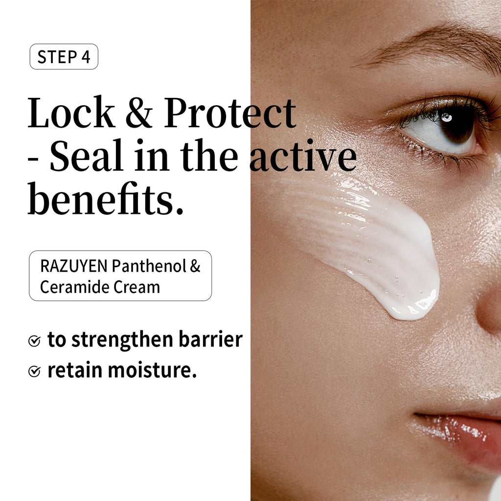 Crème visage RAZUYEN près de l’œil, texture gel translucide.