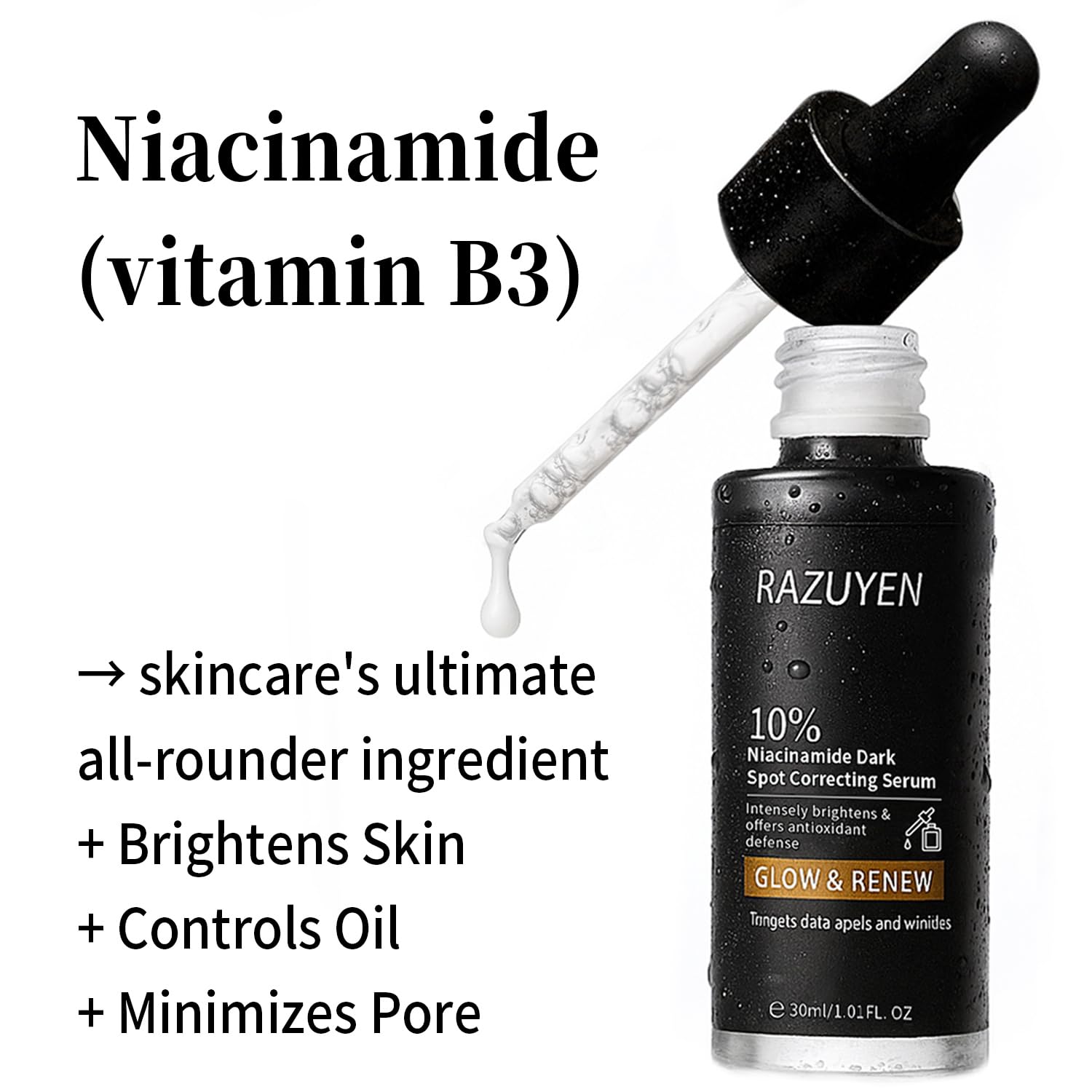 Sérum au niacinamide RAZUYEN en flacon noir avec pipette doseuse.