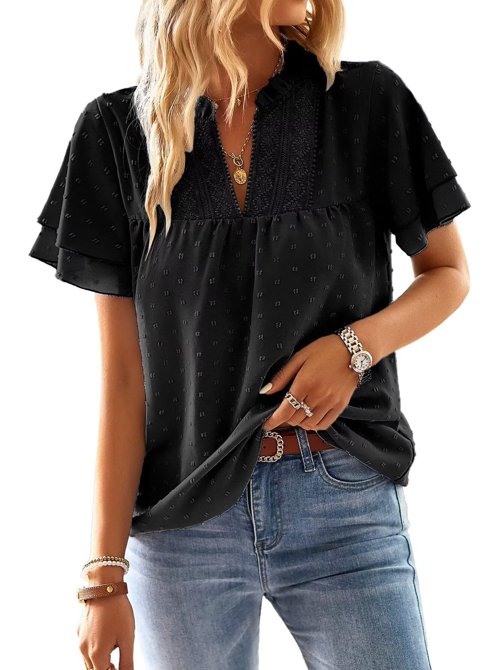 Falechay Womens Tops Butterfly Sleeve V Neck Blouses for Women Dressy Casual Flowy Swiss Dot Ruffle Short Sleeve Shirts