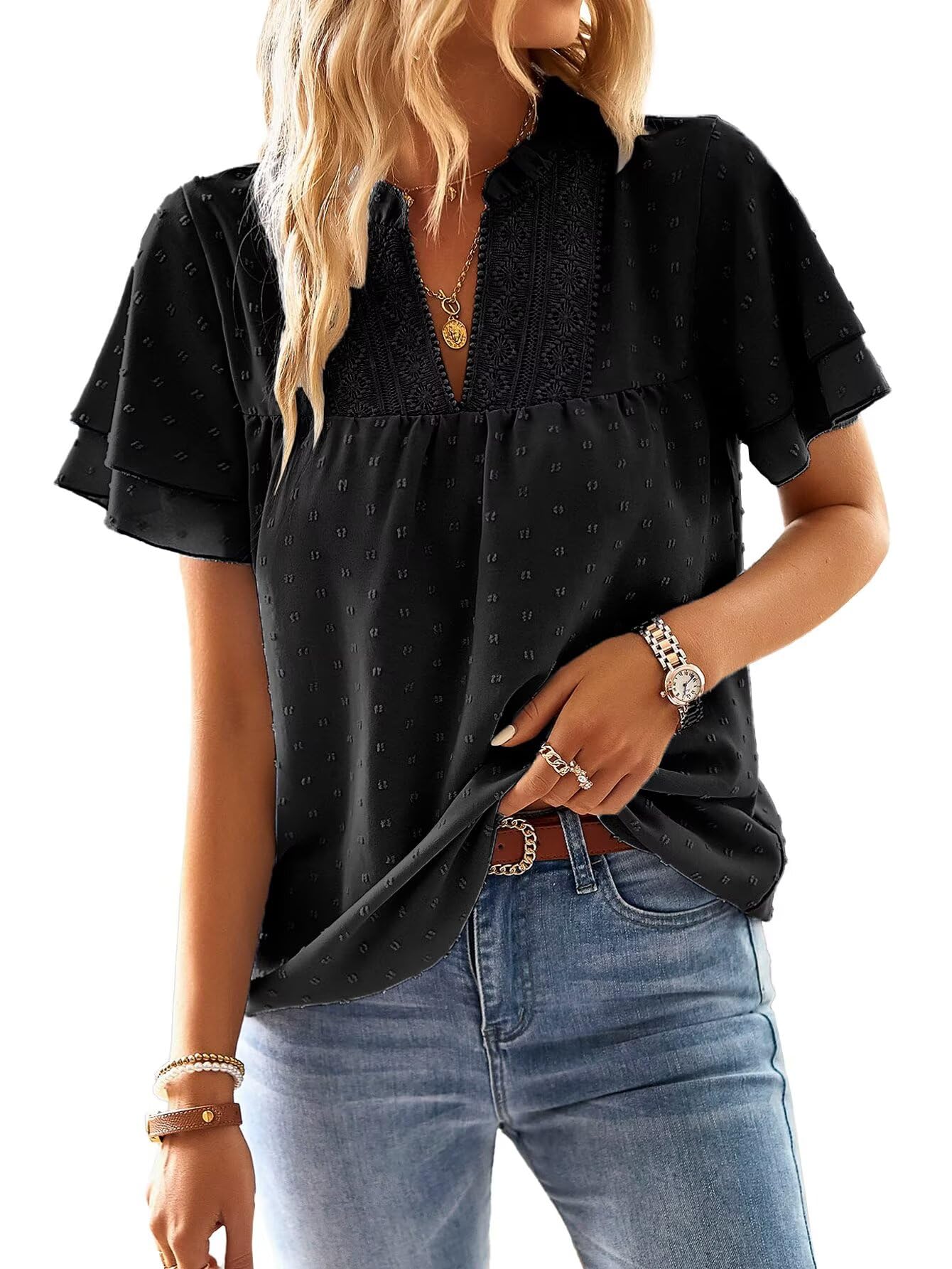Falechay Womens Tops Butterfly Sleeve V Neck Blouses for Women Dressy Casual Flowy Swiss Dot Ruffle Short Sleeve Shirts