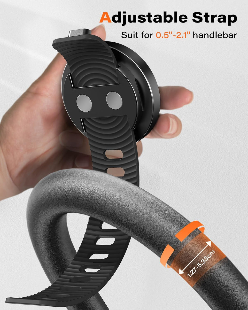 Sangle réglable du support MagSafe, bracelet noir texturé et anneau orange.