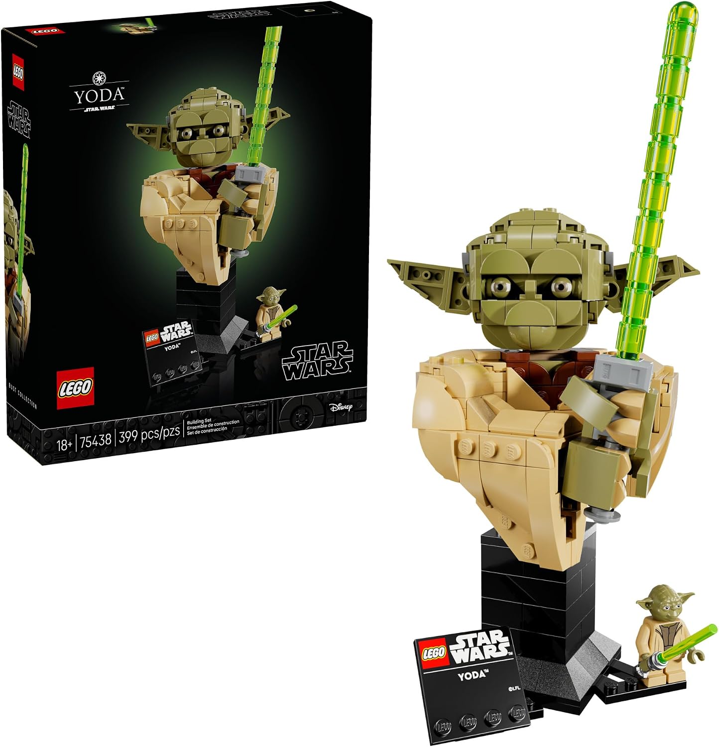 Boîte LEGO Star Wars Yoda : buste avec sabre laser vert, ensemble adulte 75438