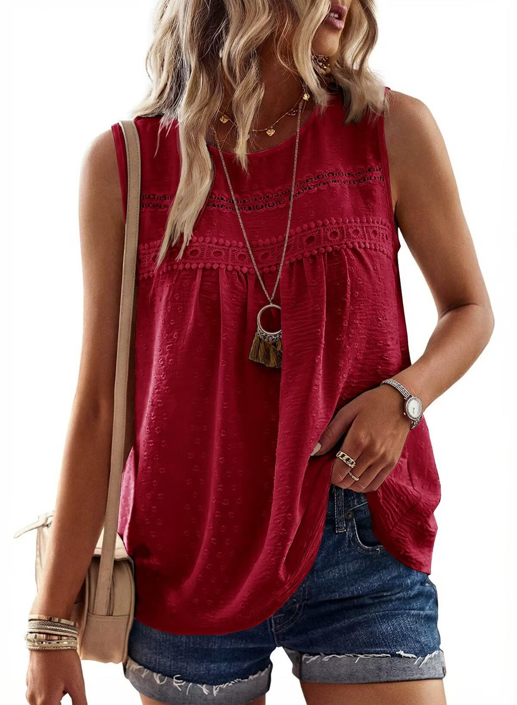 Falechay Womens Summer Tops Boho Shirts Crewneck Sleeveless Tank Tops Flowy Lace Hem Casual Blouses Clothing Trendy 2026