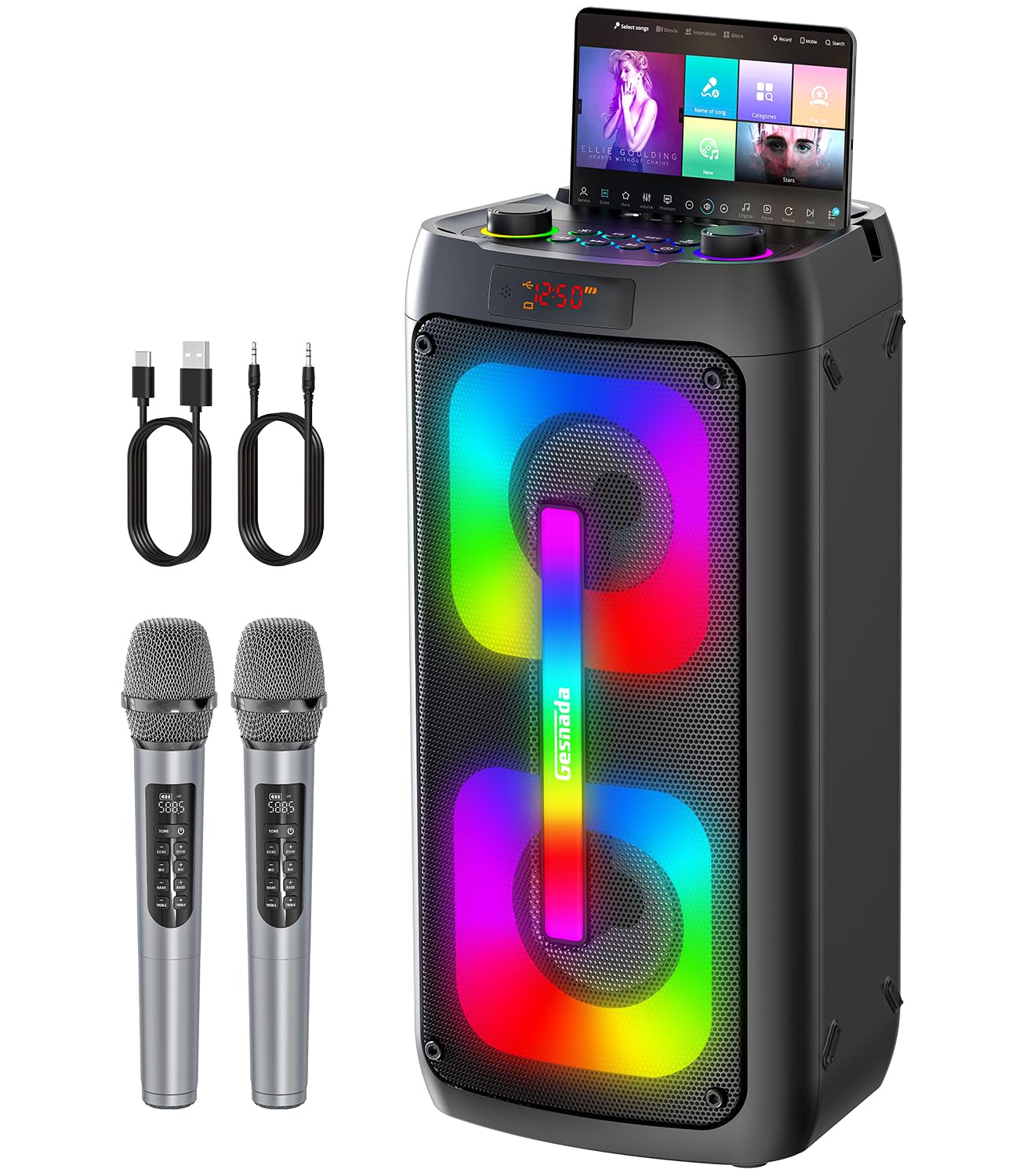 Enceinte karaoké portable noire avec 2 micros sans fil et éclairage LED multicolore