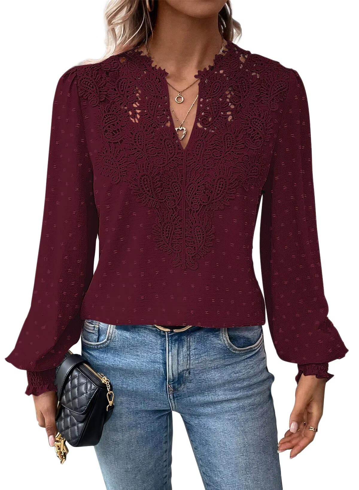 Falechay Womens Tops Swiss Dot Boho Long Sleeve Shirts V Neck Casual Chiffon Blouses Flowy Lace Hem Cute Clothing Trendy 2026