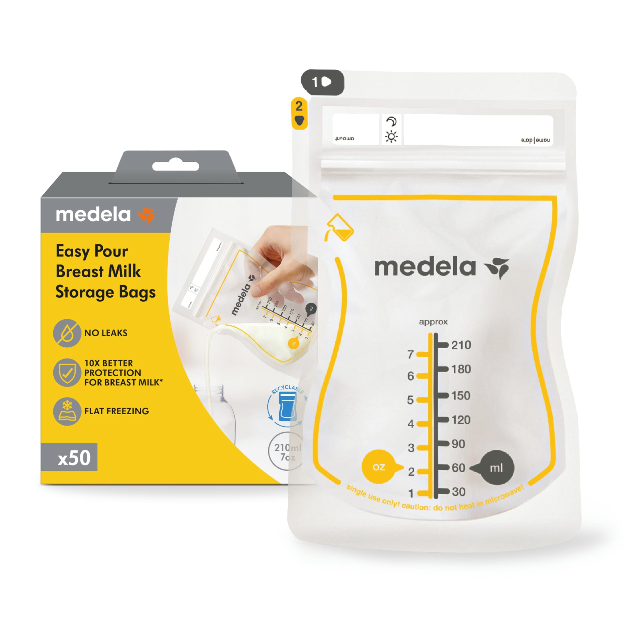 Medela Easy Pour Disposable Breast Milk Storage Bags, 7 oz/210 ml Capacity, Leakproof Design with Milk Protection, Made Without BPA, Pack of 100