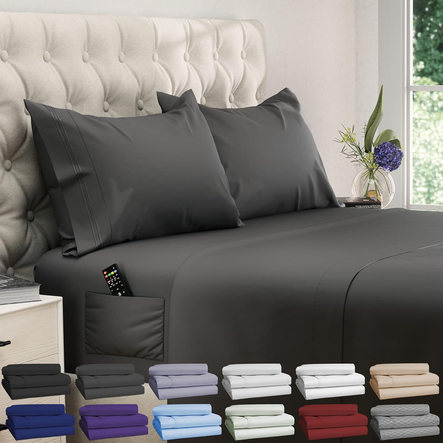 DREAMCARE Bedding Sets Queen - 4 Piece Queen Bed Sheets - Deep Pocket up to 15 in - Draps Lit Queen - Luxury Hotel Sheets & Pillowcases Set - Shrink & Fade Resistant (Queen, Black)