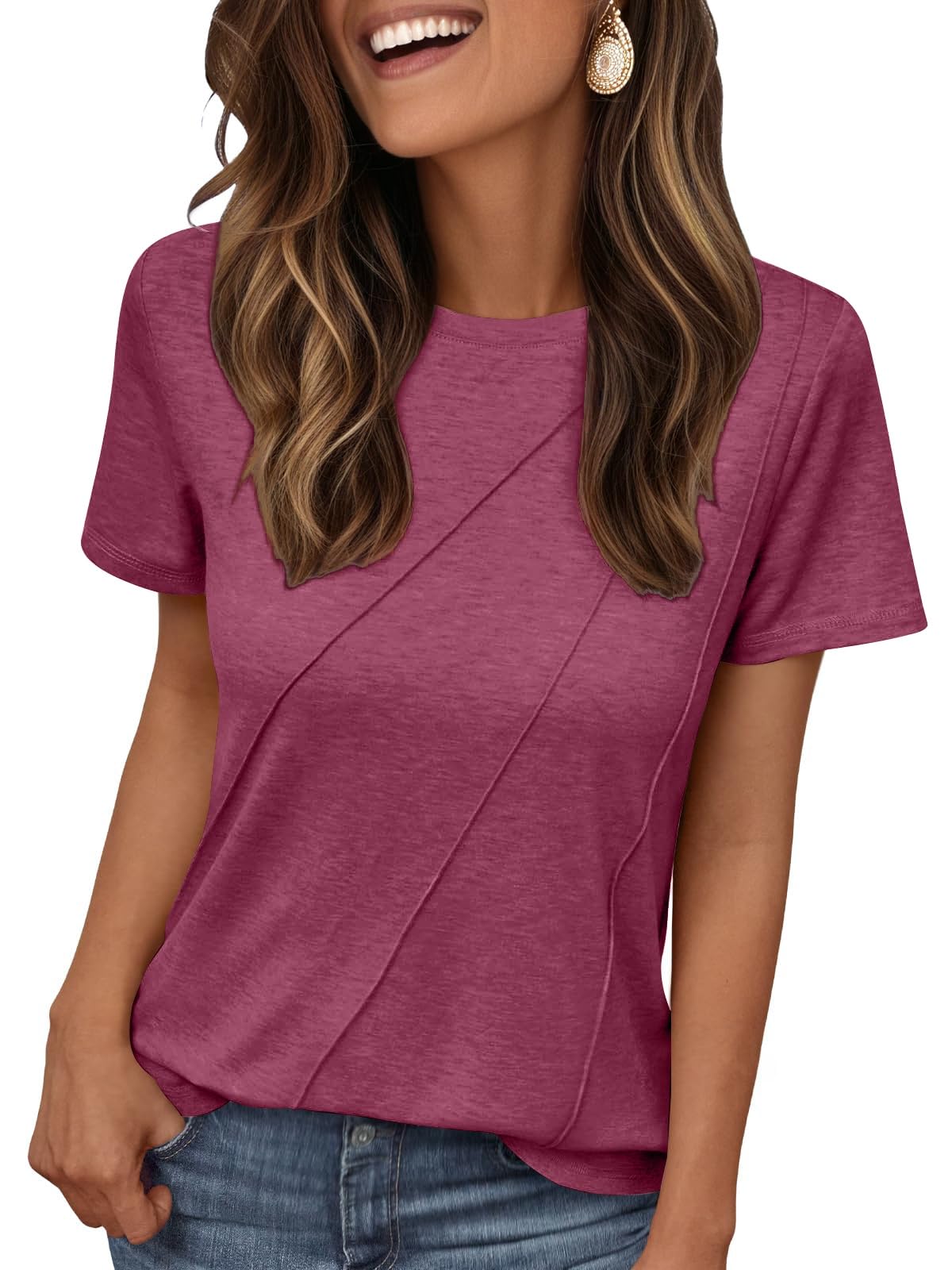 isermeo Women's Summer Short Sleeve Tops Casual Crewneck Fashion Pleated T-Shirts Blouses Trendy 2026 S-XXL