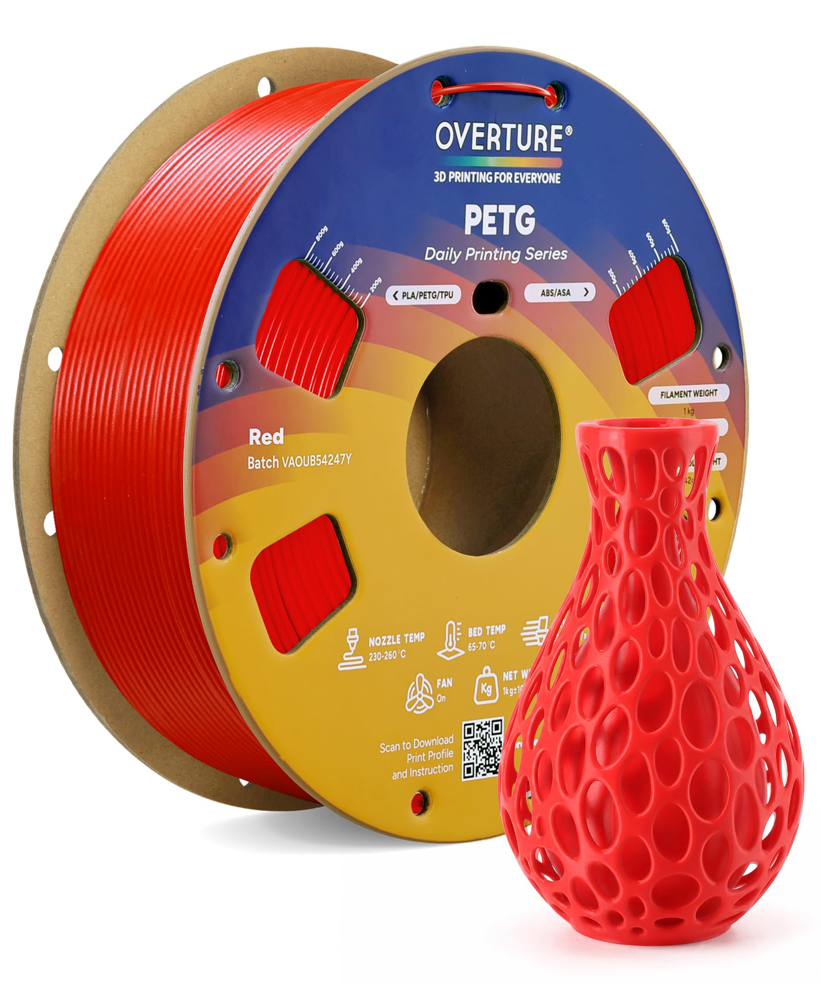 Bobine de filament PETG rouge, avec une pièce imprimée rouge en forme de vase