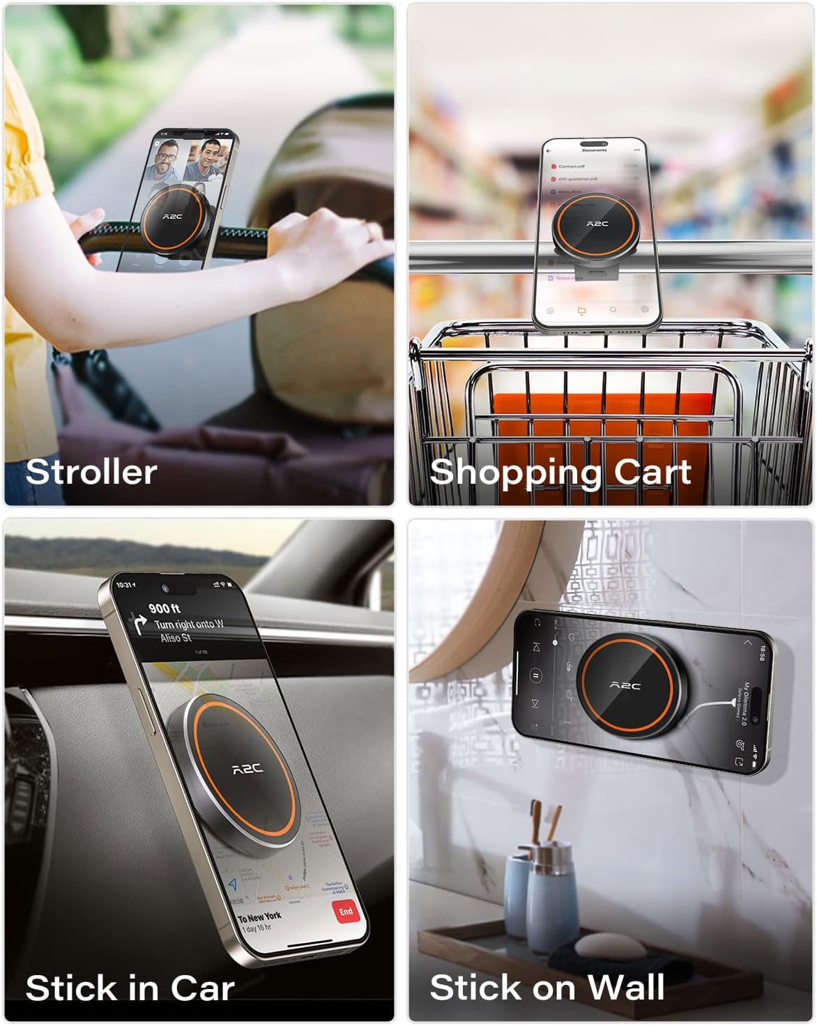 Support de téléphone MagSafe pour poussette et panier, fixation noire avec anneau orange.