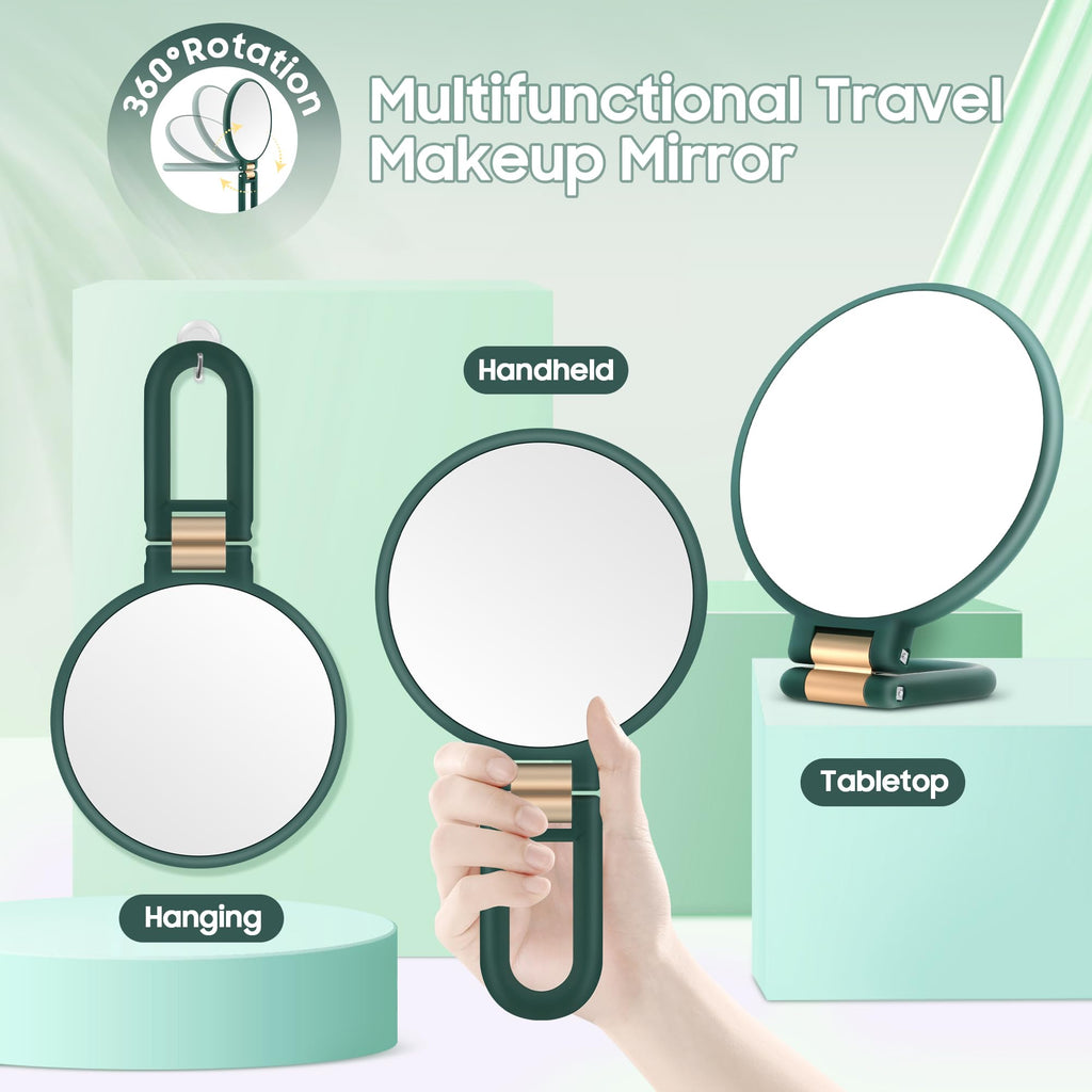 Miroir de maquillage multifonction à manche, cadre vert, peut se poser ou suspendre
