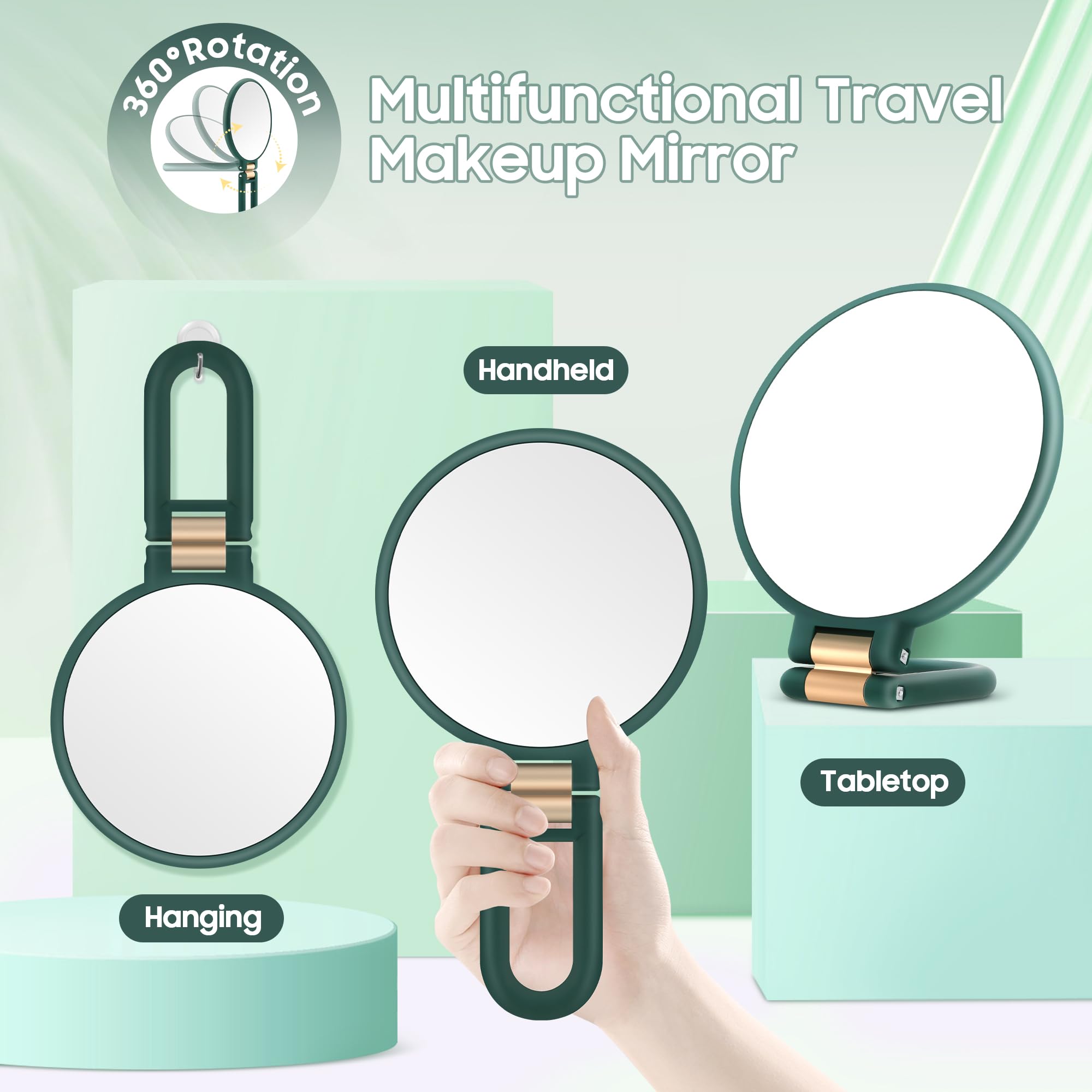 Miroir de maquillage multifonction à manche, cadre vert, peut se poser ou suspendre