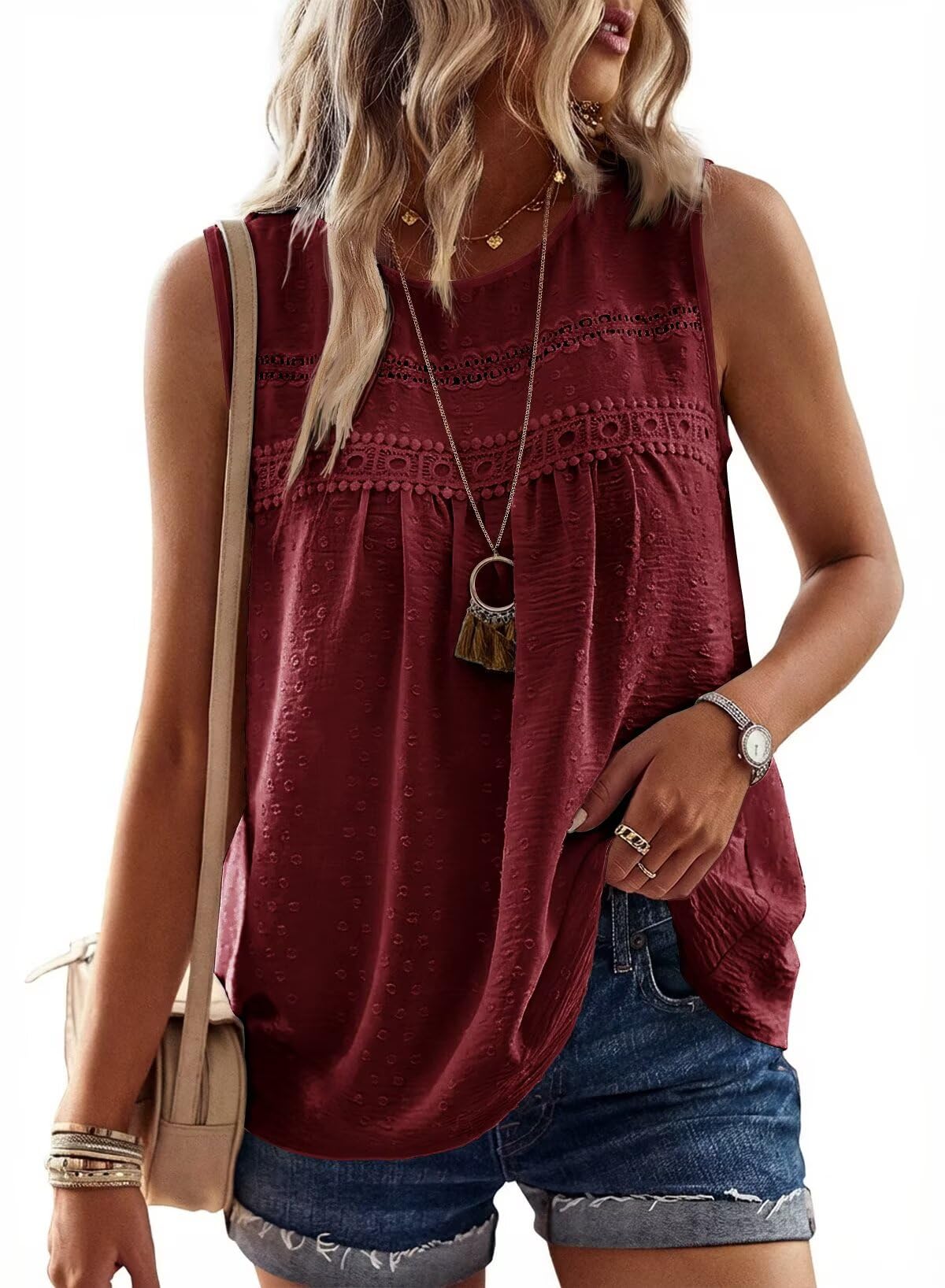 Falechay Womens Summer Tops Boho Shirts Crewneck Sleeveless Tank Tops Flowy Lace Hem Casual Blouses Clothing Trendy 2026