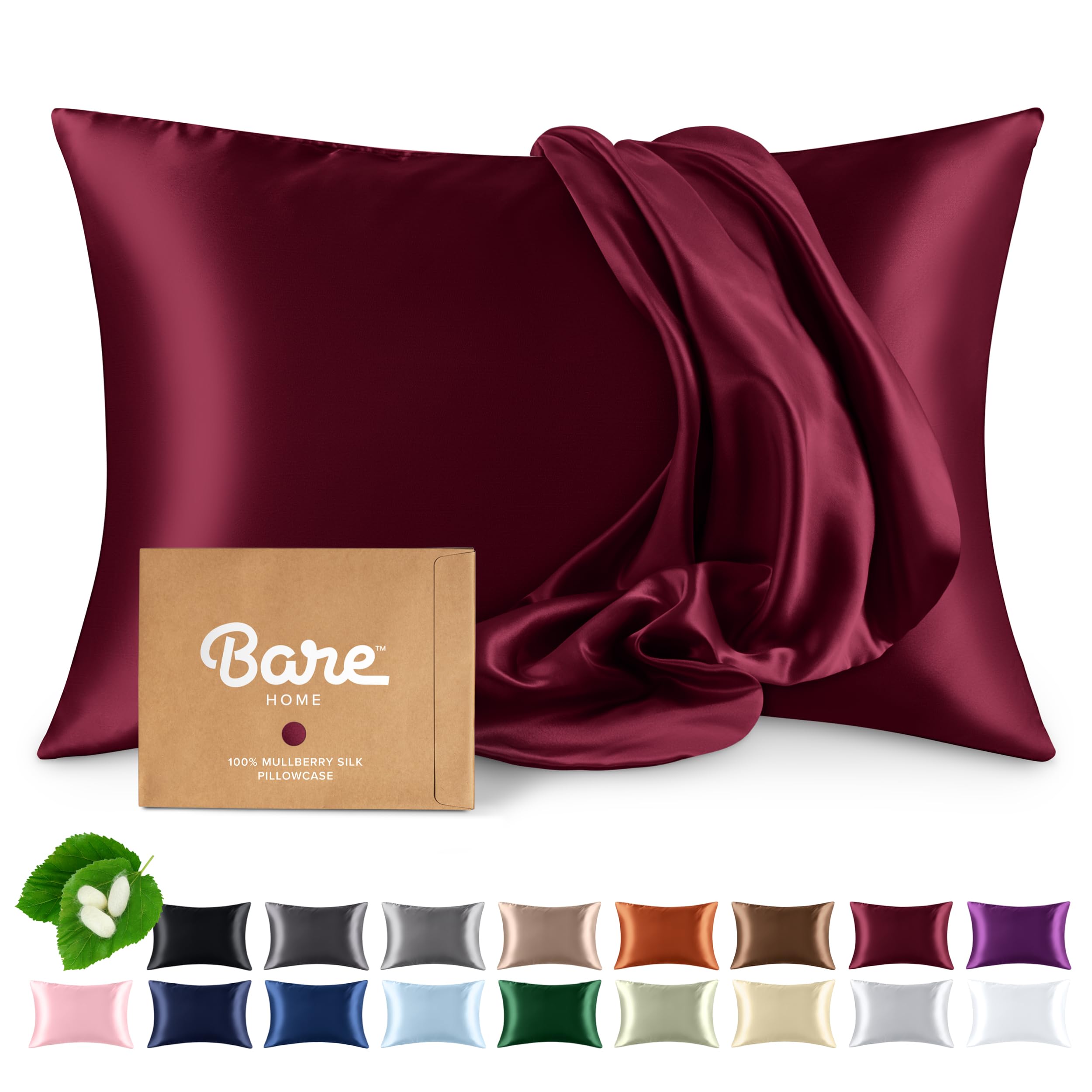 Bare Home 100% Mulberry Silk Pillowcase for Hair and Skin - Ultra Premium 6A Grade 19 Momme Silk Pillow Case - Hidden Zipper - Breathable Cooling Pillow Cover (Body, Silver)