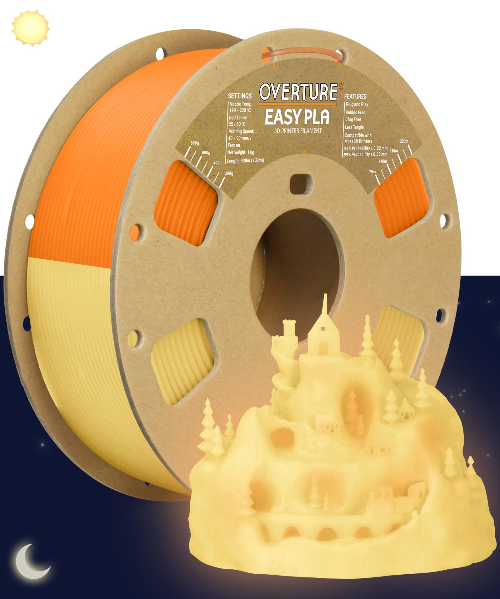 Bobine de filament PLA orange avec figurine de dragon jaune