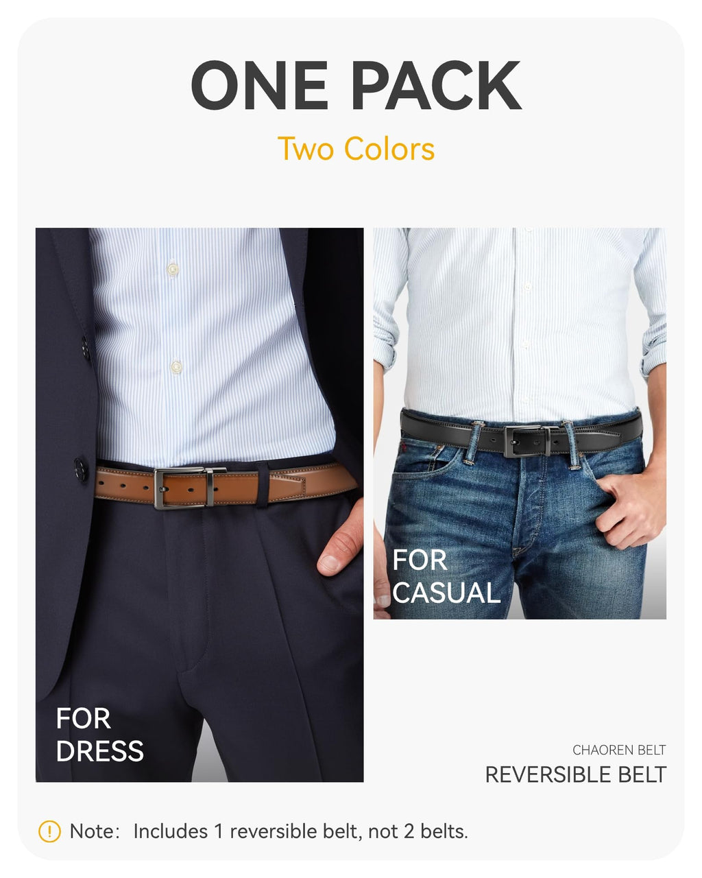CHAOREN Reversible Mens Belt 1 Piece - 1 3/8" Mens Belts Leather for Casual Jeans Dress - One Belt, Two Colors