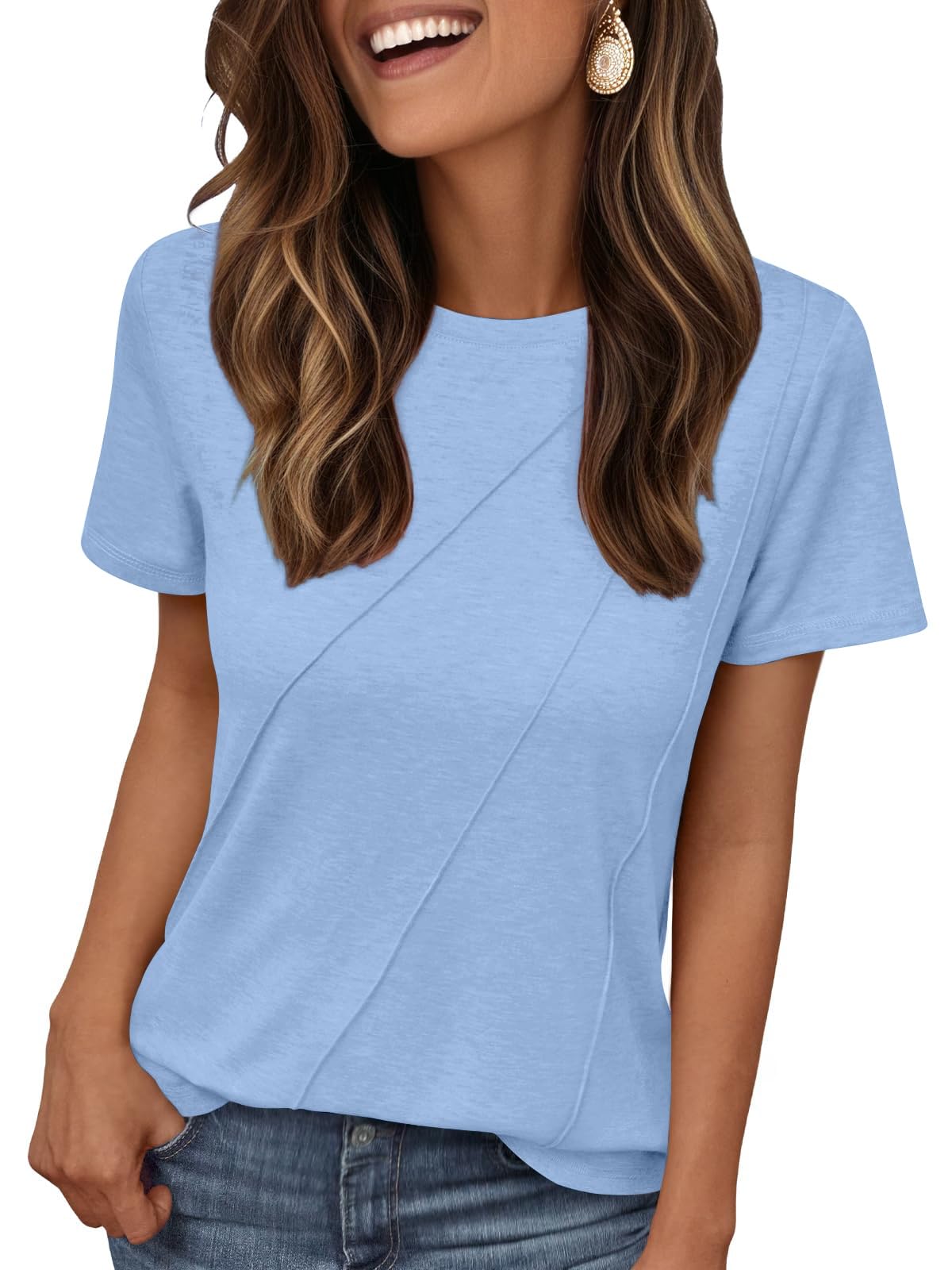 isermeo Women's Summer Short Sleeve Tops Casual Crewneck Fashion Pleated T-Shirts Blouses Trendy 2026 S-XXL