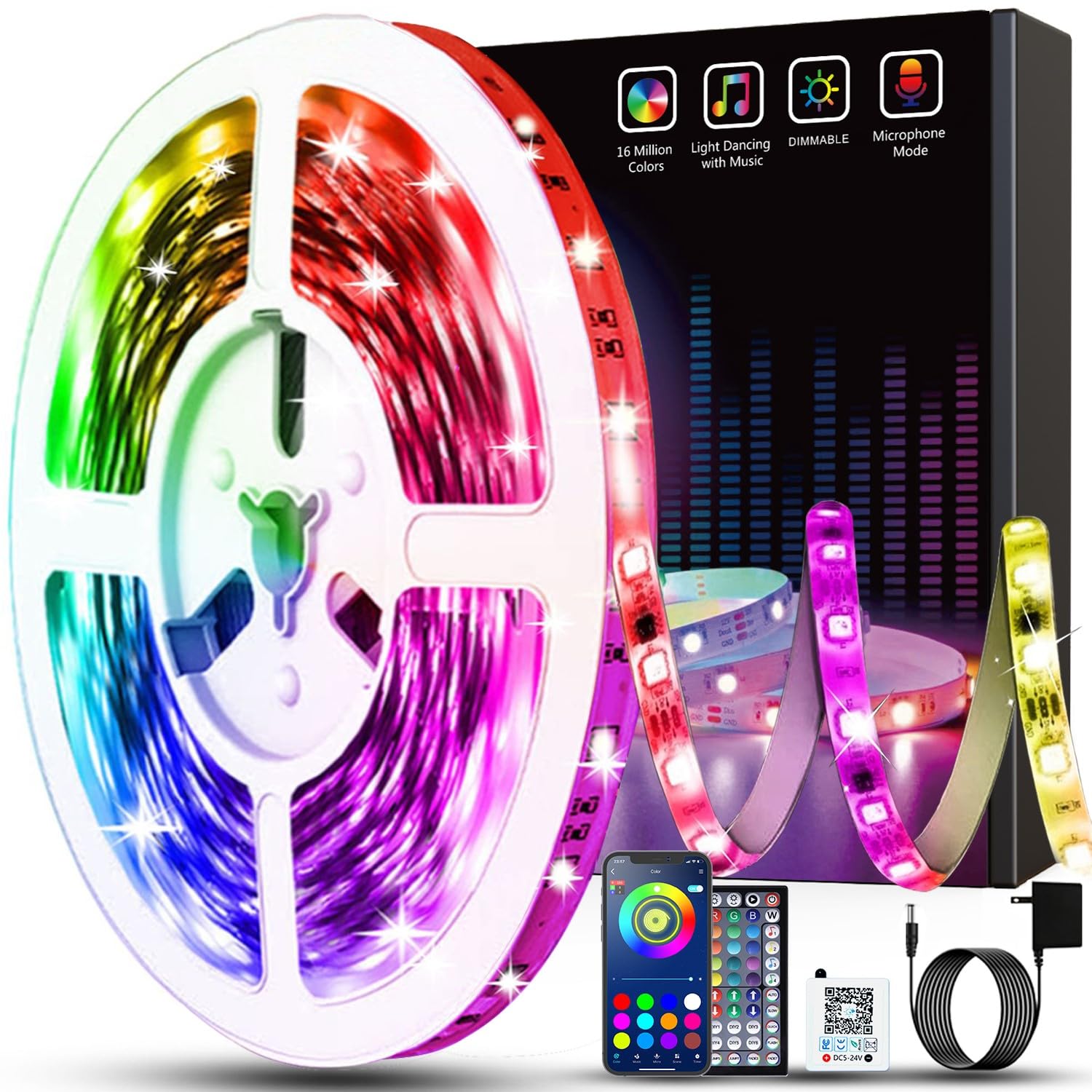 Keepsmile 100ft Led Strip Lights (2 Rolls of 50ft) Bluetooth App Control Led Lights Strip with Remote Music Sync Color Changing RGB Led Lights for Bedroom Room Home Christmas Decor (Lumiere Led 30M)