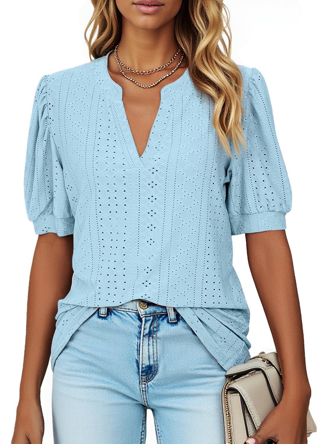 isermeo Womens Shirts Casual V Neck Tshirts Puff Short Sleeve Summer Tops Tunic Blouses S-XXL