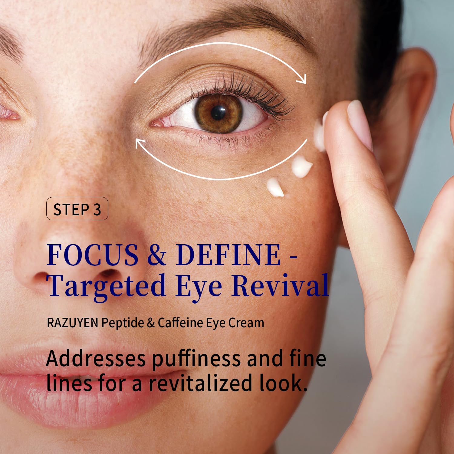 Crème pour le contour des yeux RAZUYEN appliquée près de l’œil