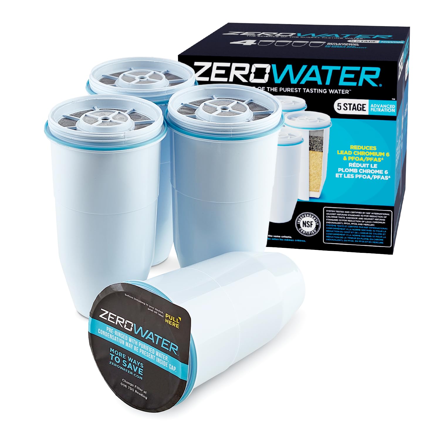 ZeroWater Official Replacement Filter - 5-Stage 0 TDS Filter Replacement - System IAPMO Certified to Reduce Lead, Chromium, and PFOA/PFOS, 2-Pack