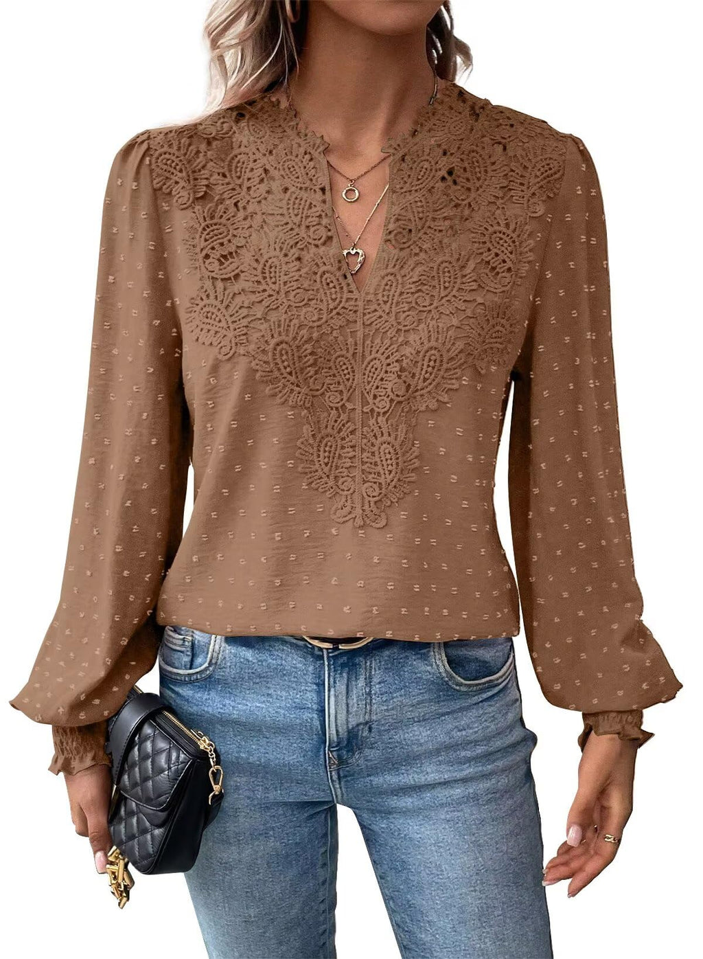 Falechay Womens Tops Swiss Dot Boho Long Sleeve Shirts V Neck Casual Chiffon Blouses Flowy Lace Hem Cute Clothing Trendy 2026